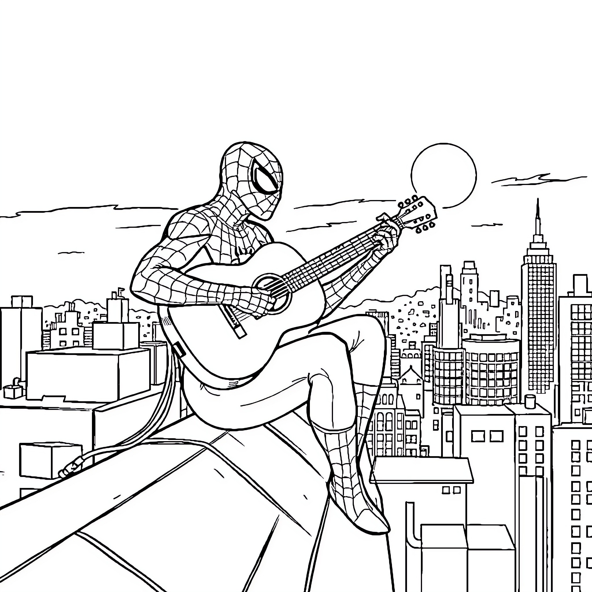 Spiderman playing guitar amidst the city skyline Coloring Page (free black-and-white line drawing printable PDF for all, from beginners to advanced learners, including children, teens, adults, and seniors)