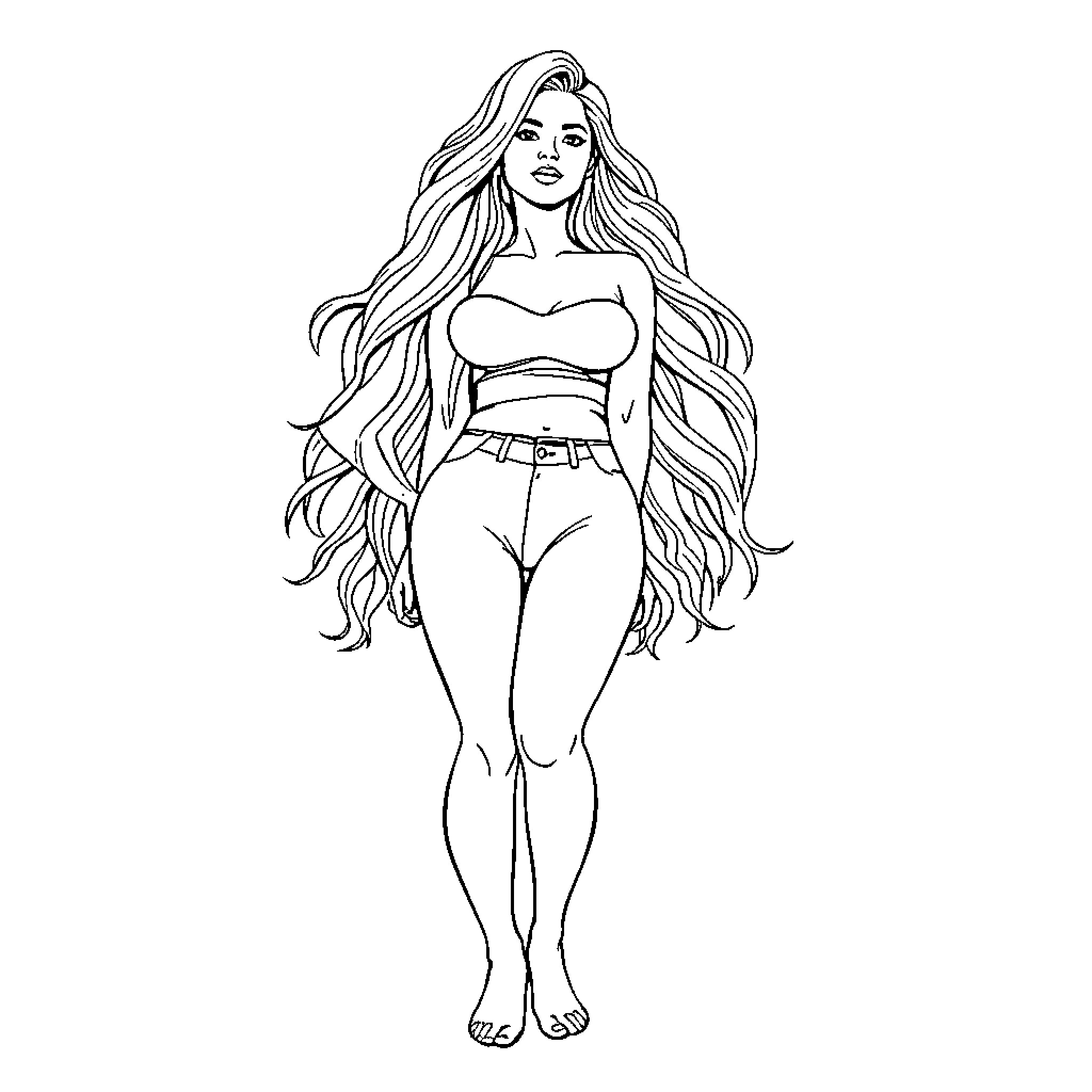 Woman with long flowing hair and stylish outfit Coloring Page (free black-and-white line drawing printable PDF for all, from beginners to advanced learners, including children, teens, adults, and seniors)
