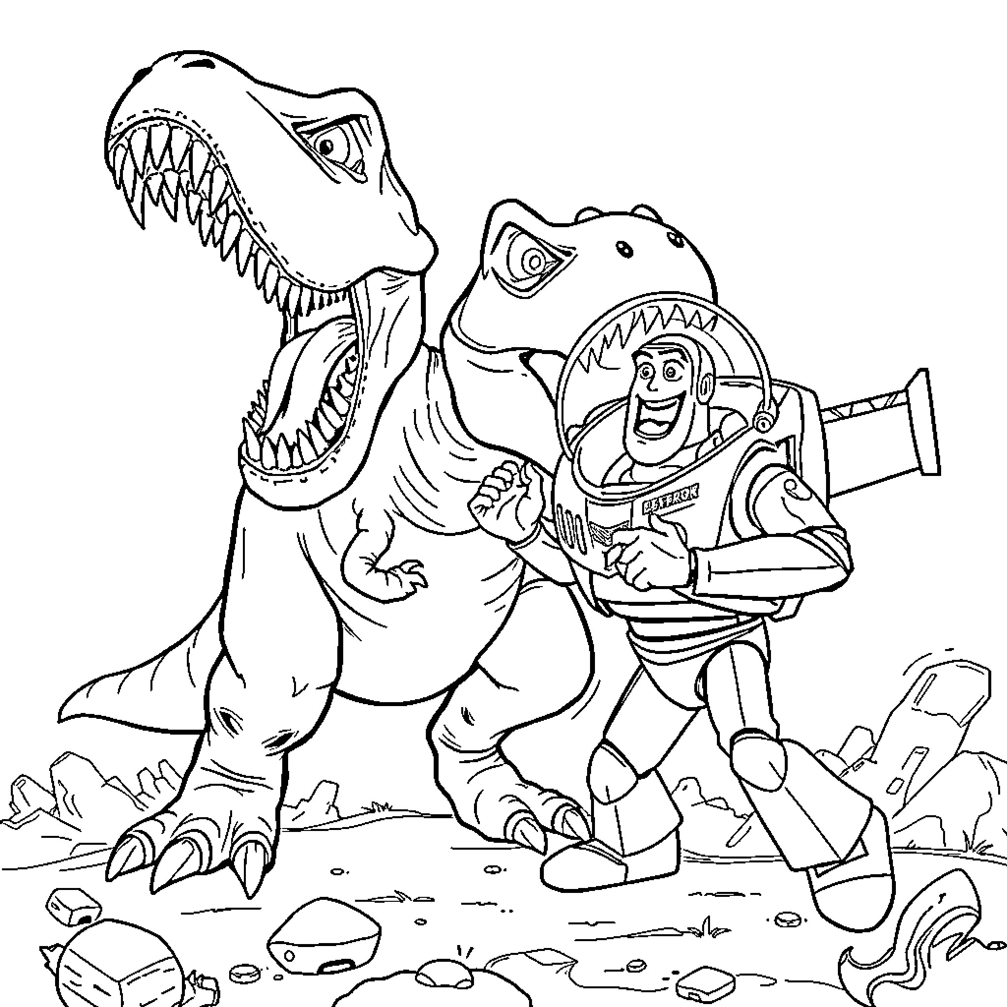 Trex Confronting Courageous Astronaut in Rugged Landscape Coloring Page (free black-and-white line drawing printable PDF for all, from beginners to advanced learners, including children, teens, adults, and seniors)