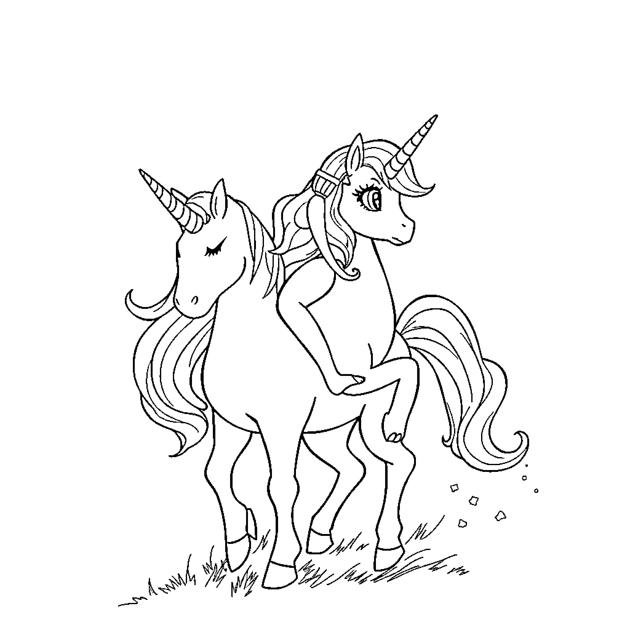 Bulma's Magical Unicorn Adventure Coloring Page (free black-and-white line drawing printable PDF for all, from beginners to advanced learners, including children, teens, adults, and seniors)