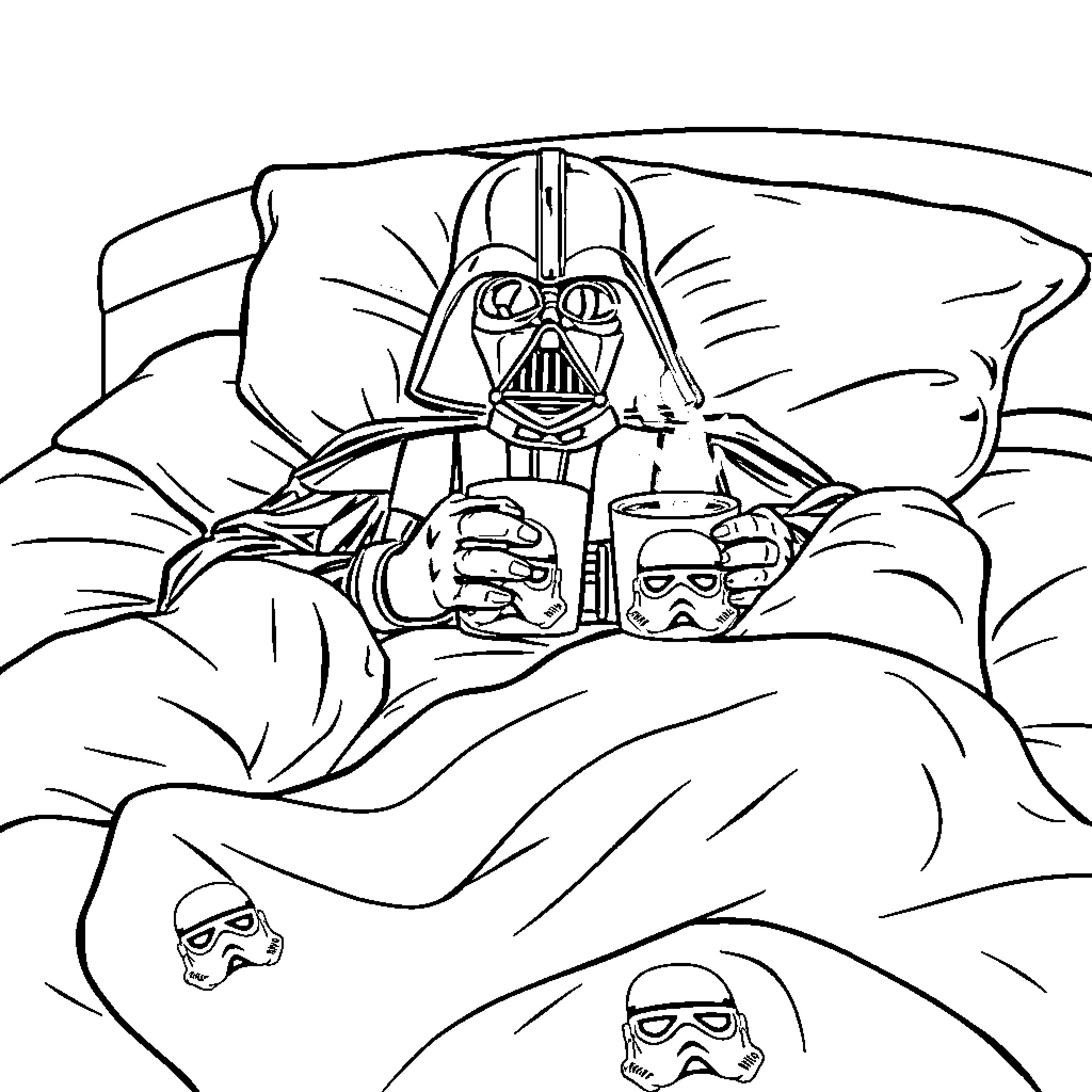 Darth Vader enjoying a moment of relaxation Coloring Page (free black-and-white line drawing printable PDF for all, from beginners to advanced learners, including children, teens, adults, and seniors)
