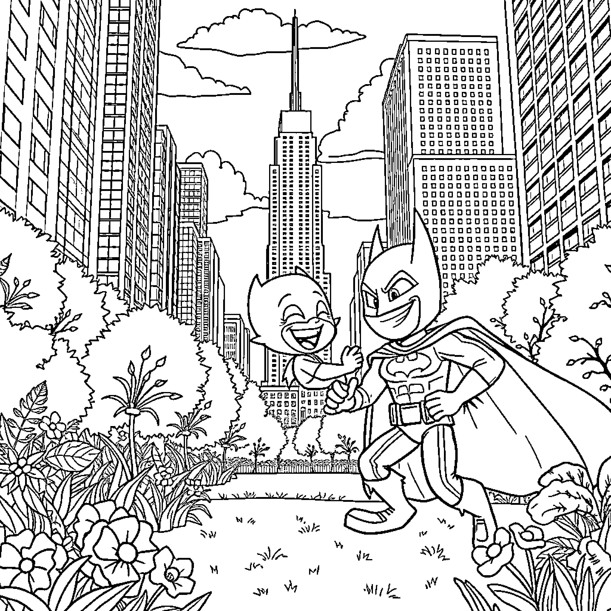 Bluey and friends explore the city landscape Coloring Page (free black-and-white line drawing printable PDF for all, from beginners to advanced learners, including children, teens, adults, and seniors)