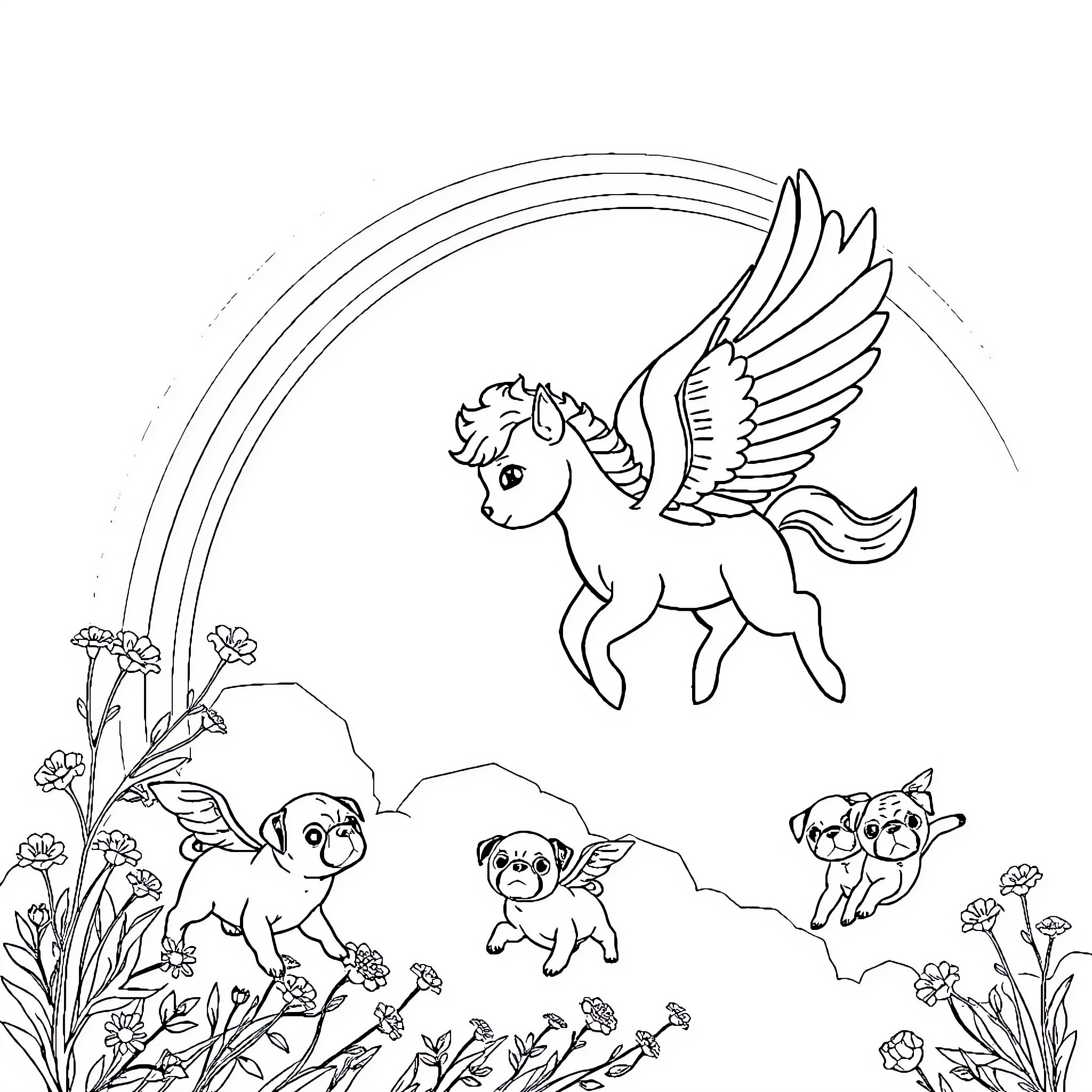 Pegasus and Magical Creatures in a Whimsical Landscape Coloring Page (free black-and-white line drawing printable PDF for all, from beginners to advanced learners, including children, teens, adults, and seniors)