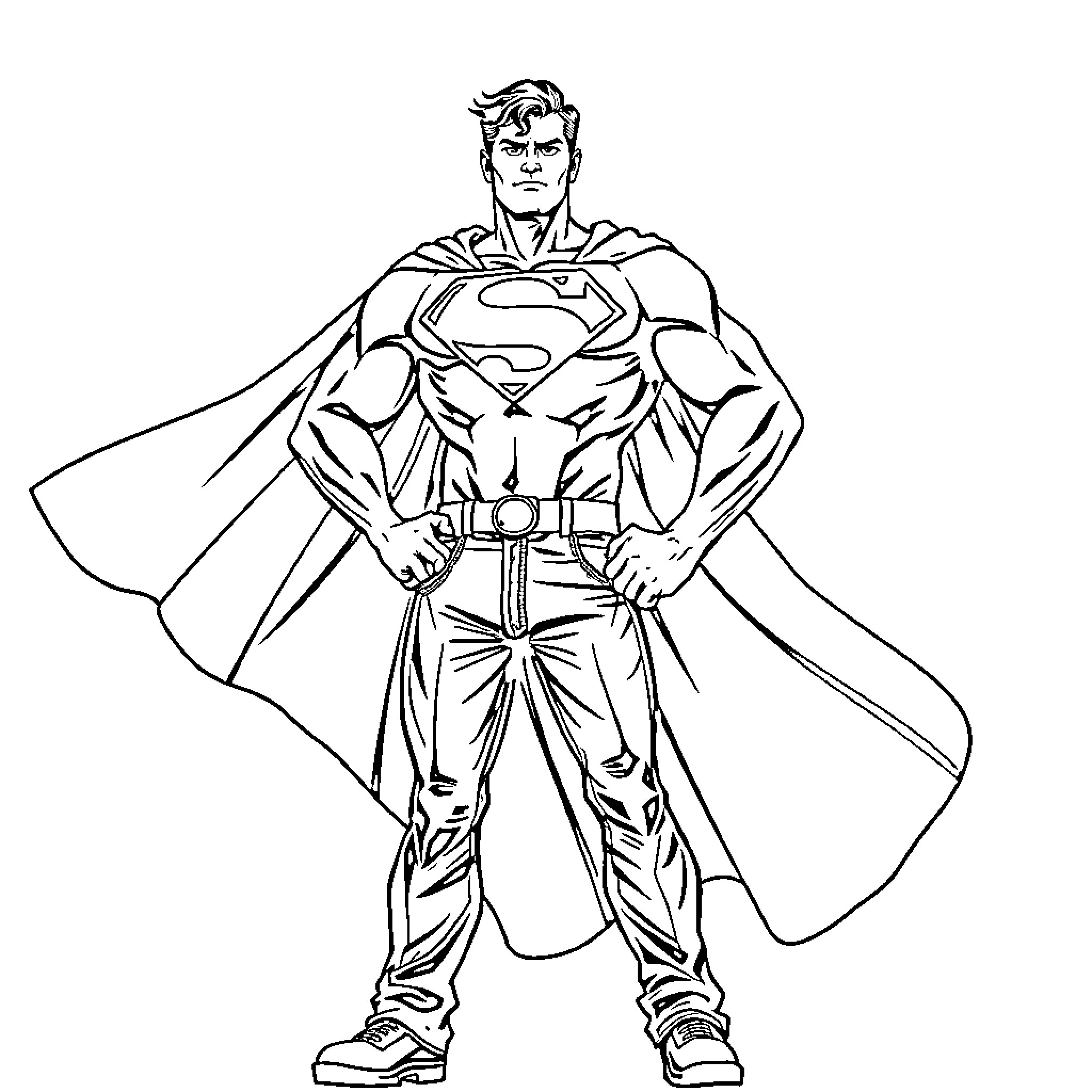 Superman in heroic stance with cape and emblem Coloring Page (free black-and-white line drawing printable PDF for all, from beginners to advanced learners, including children, teens, adults, and seniors)
