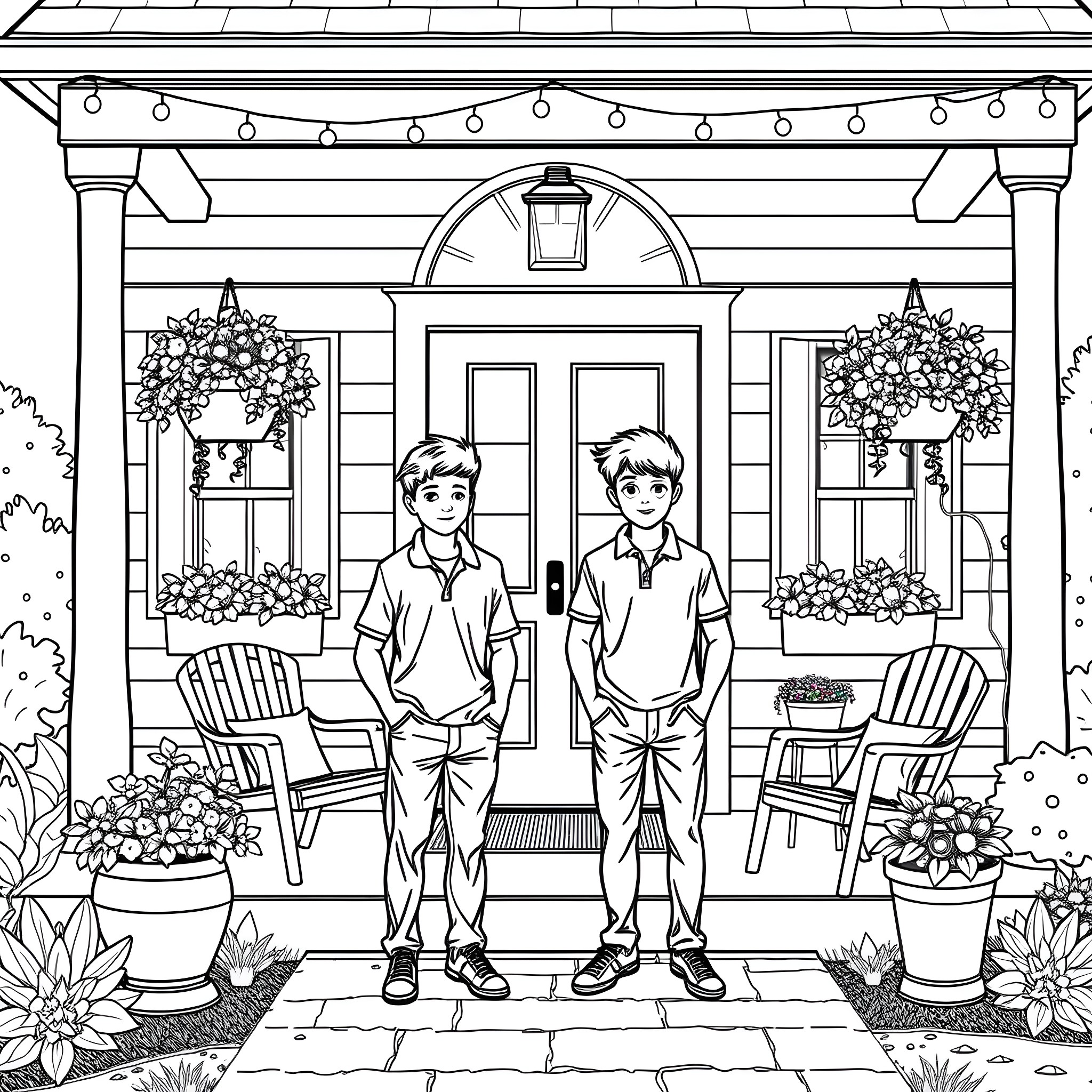 Teen Guys Posing on a Porch with Floral Decor Coloring Page (free black-and-white line drawing printable PDF for all, from beginners to advanced learners, including children, teens, adults, and seniors)