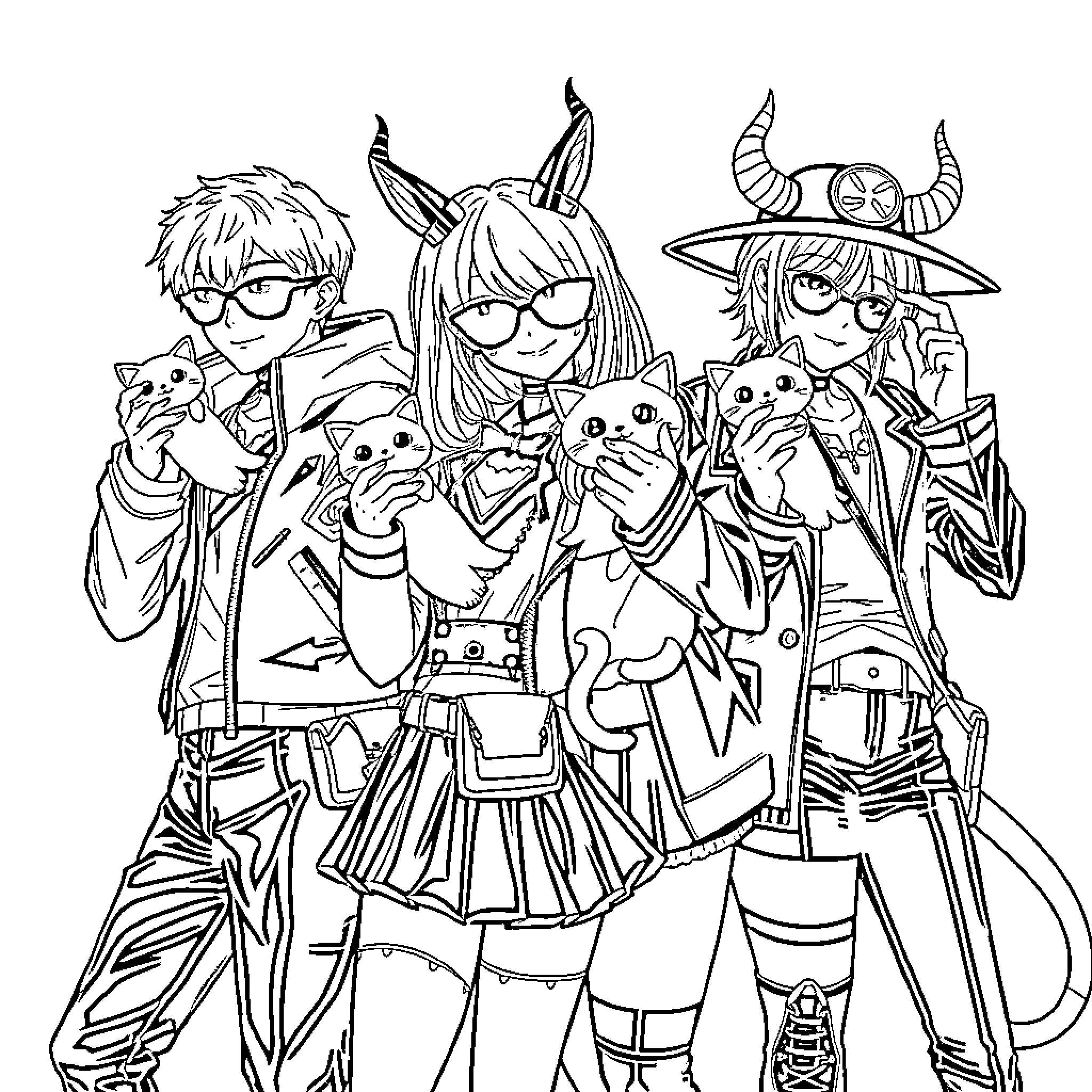 Cat Costumed Characters Posing Together Coloring Page (free black-and-white line drawing printable PDF for all, from beginners to advanced learners, including children, teens, adults, and seniors)