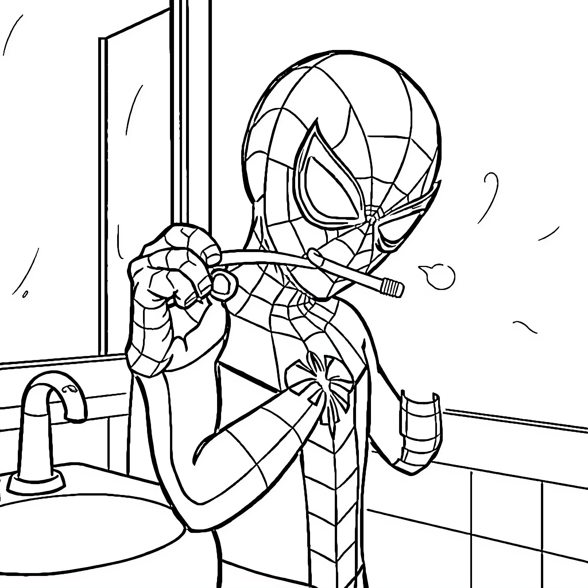 Spiderman brushing his teeth in the bathroom Coloring Page (free black-and-white line drawing printable PDF for all, from beginners to advanced learners, including children, teens, adults, and seniors)