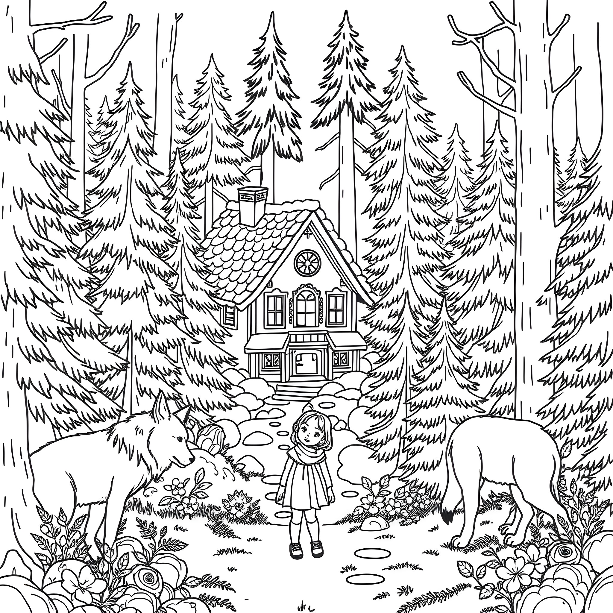 Girl exploring enchanted forest with animal friends Coloring Page (free black-and-white line drawing printable PDF for all, from beginners to advanced learners, including children, teens, adults, and seniors)