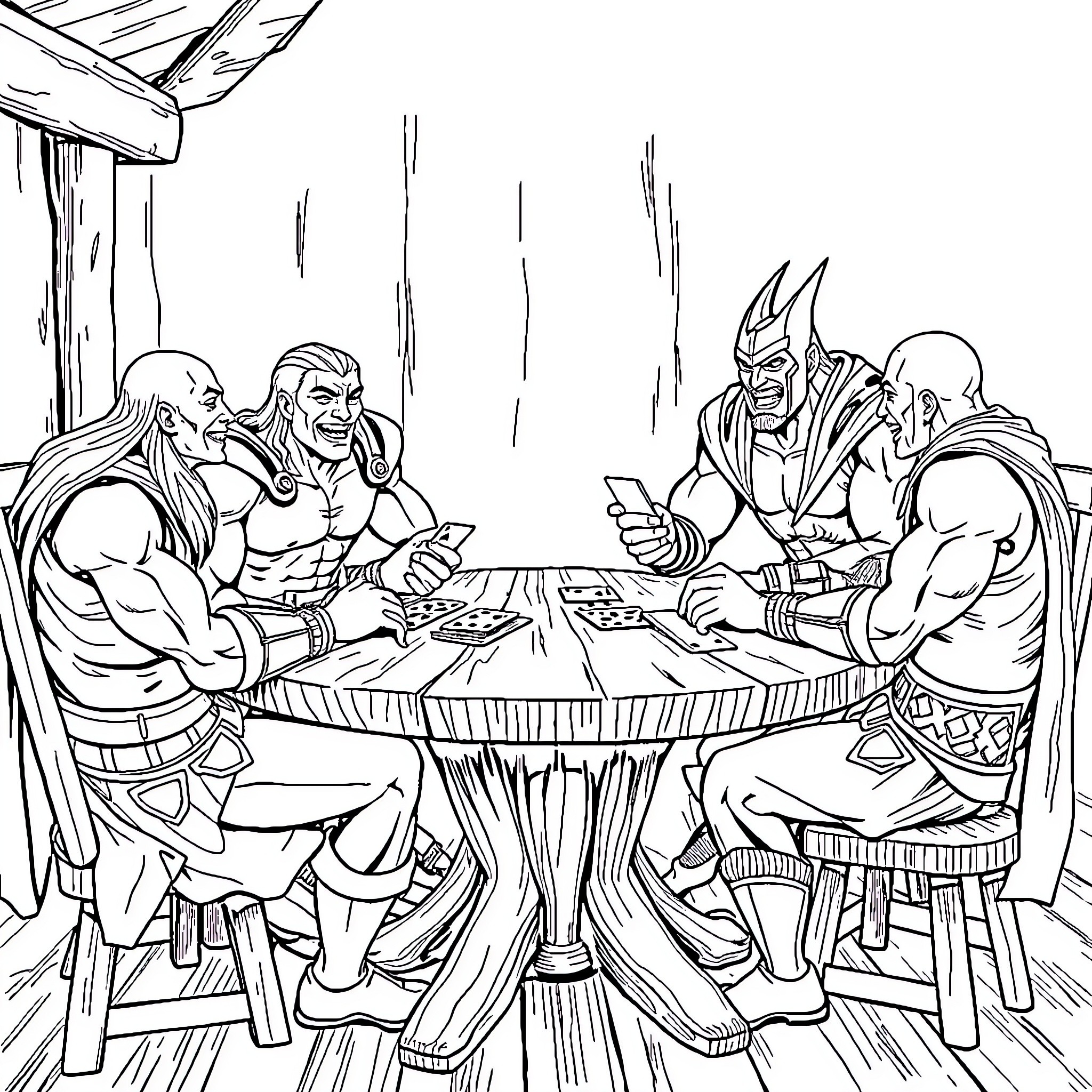 Titan warriors playing a strategic game Coloring Page (free black-and-white line drawing printable PDF for all, from beginners to advanced learners, including children, teens, adults, and seniors)