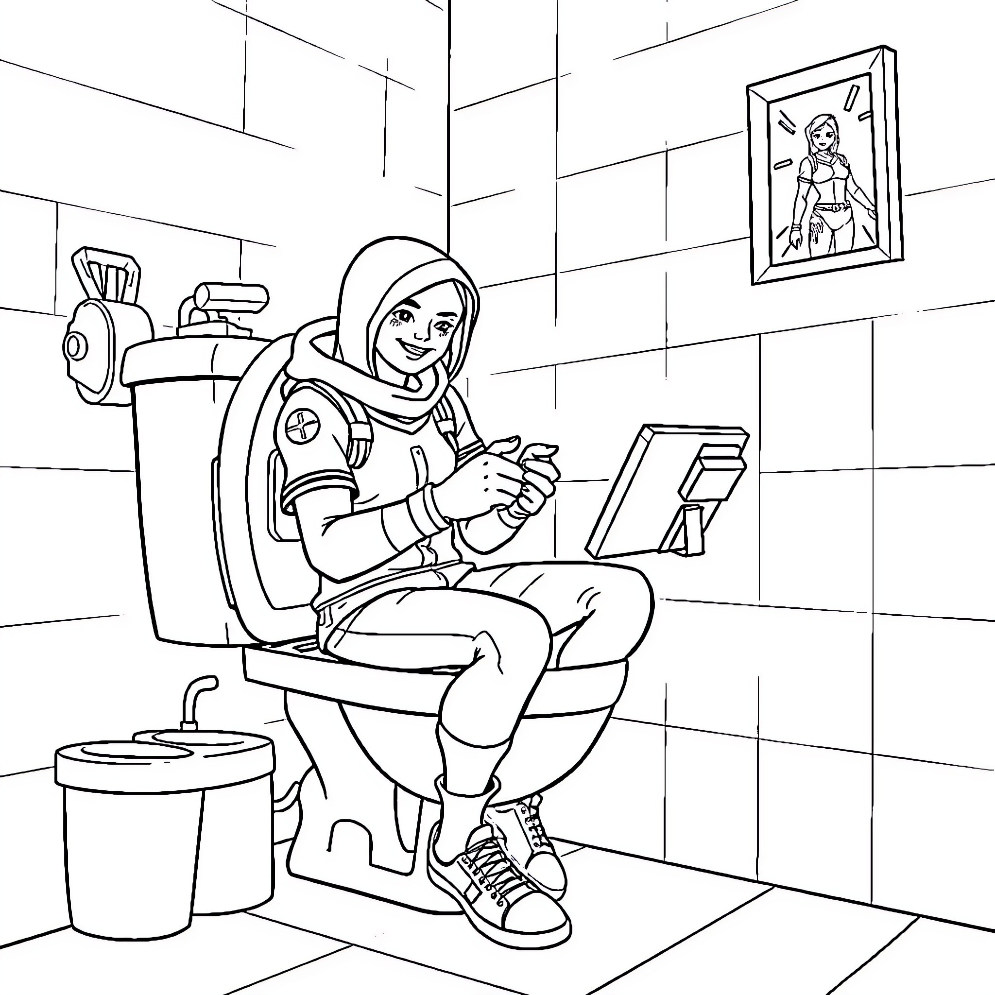 Tralalero Woman Relaxing in Restroom Coloring Page (free black-and-white line drawing printable PDF for all, from beginners to advanced learners, including children, teens, adults, and seniors)