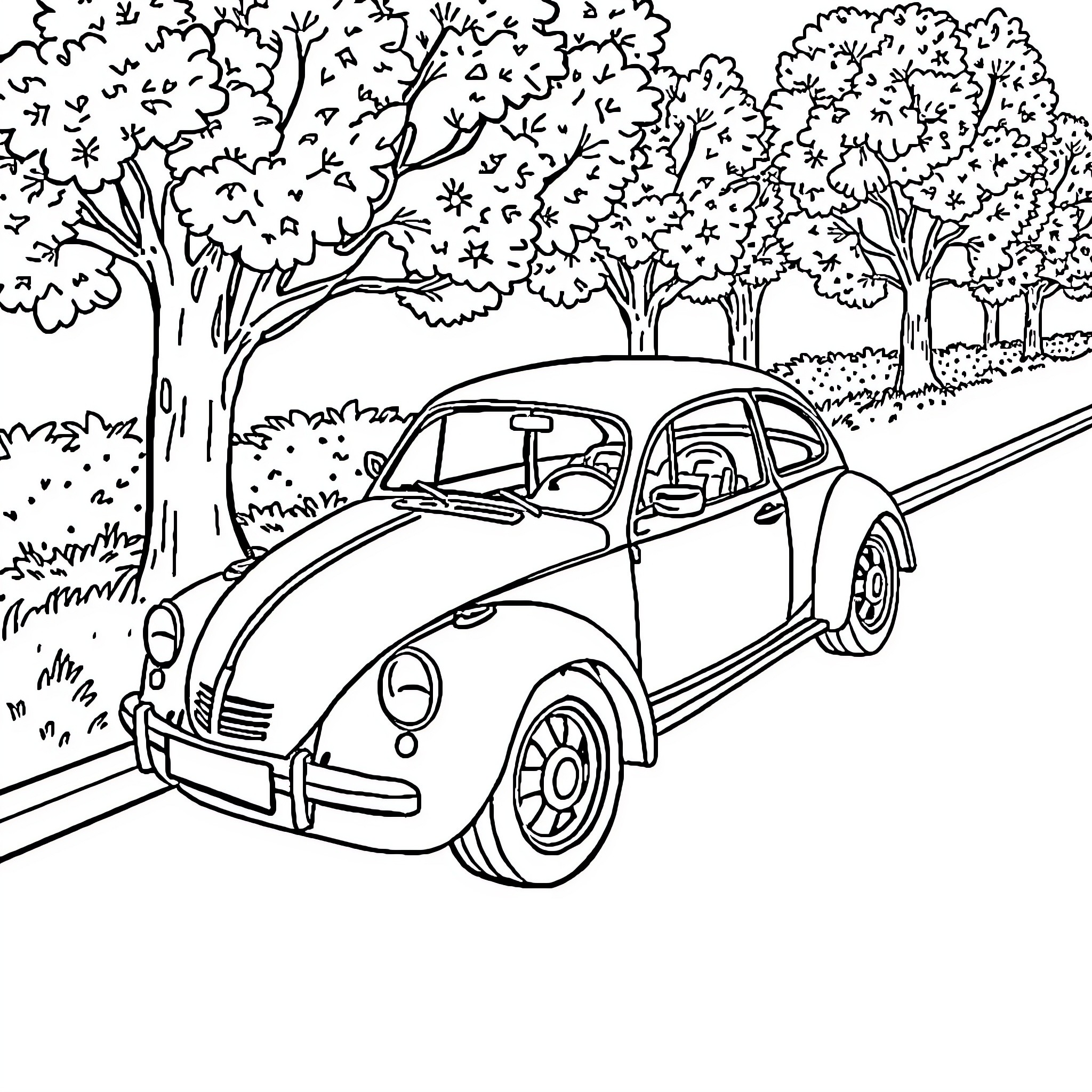 Formula 1 Car driving through scenic forest Coloring Page (free black-and-white line drawing printable PDF for all, from beginners to advanced learners, including children, teens, adults, and seniors)
