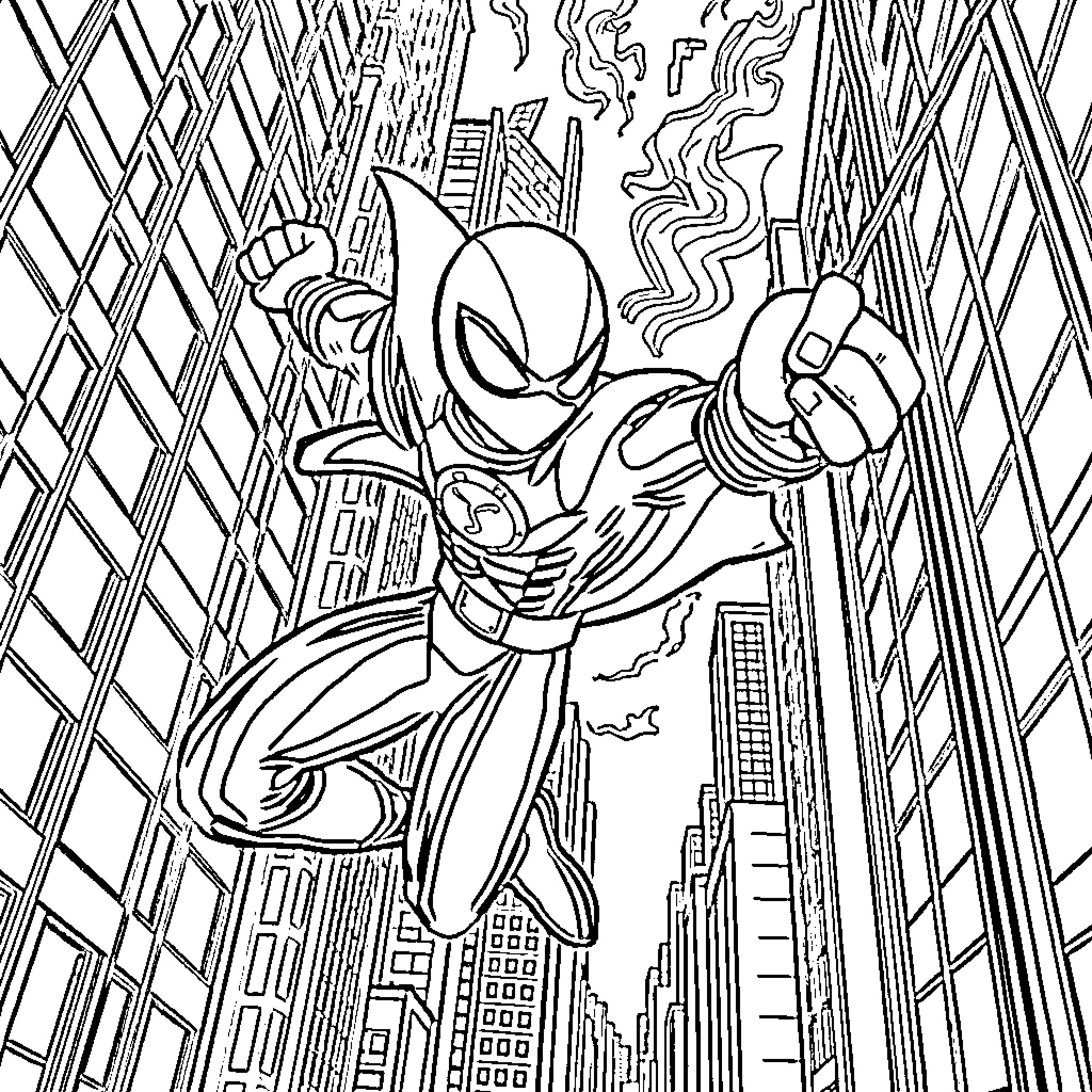 Spider-Man swinging through the city Coloring Page (free black-and-white line drawing printable PDF for all, from beginners to advanced learners, including children, teens, adults, and seniors)