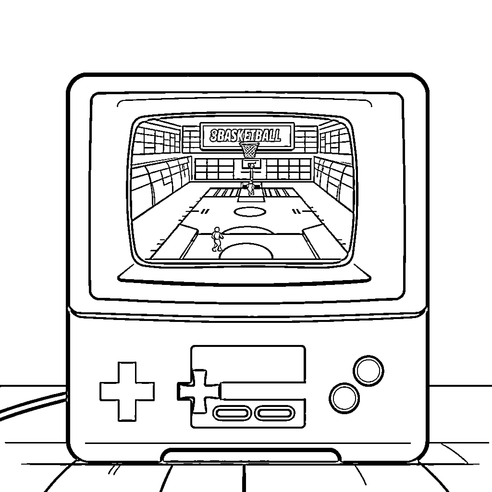 Nintendo Retro Gaming Console with Sports Game Coloring Page (free black-and-white line drawing printable PDF for all, from beginners to advanced learners, including children, teens, adults, and seniors)