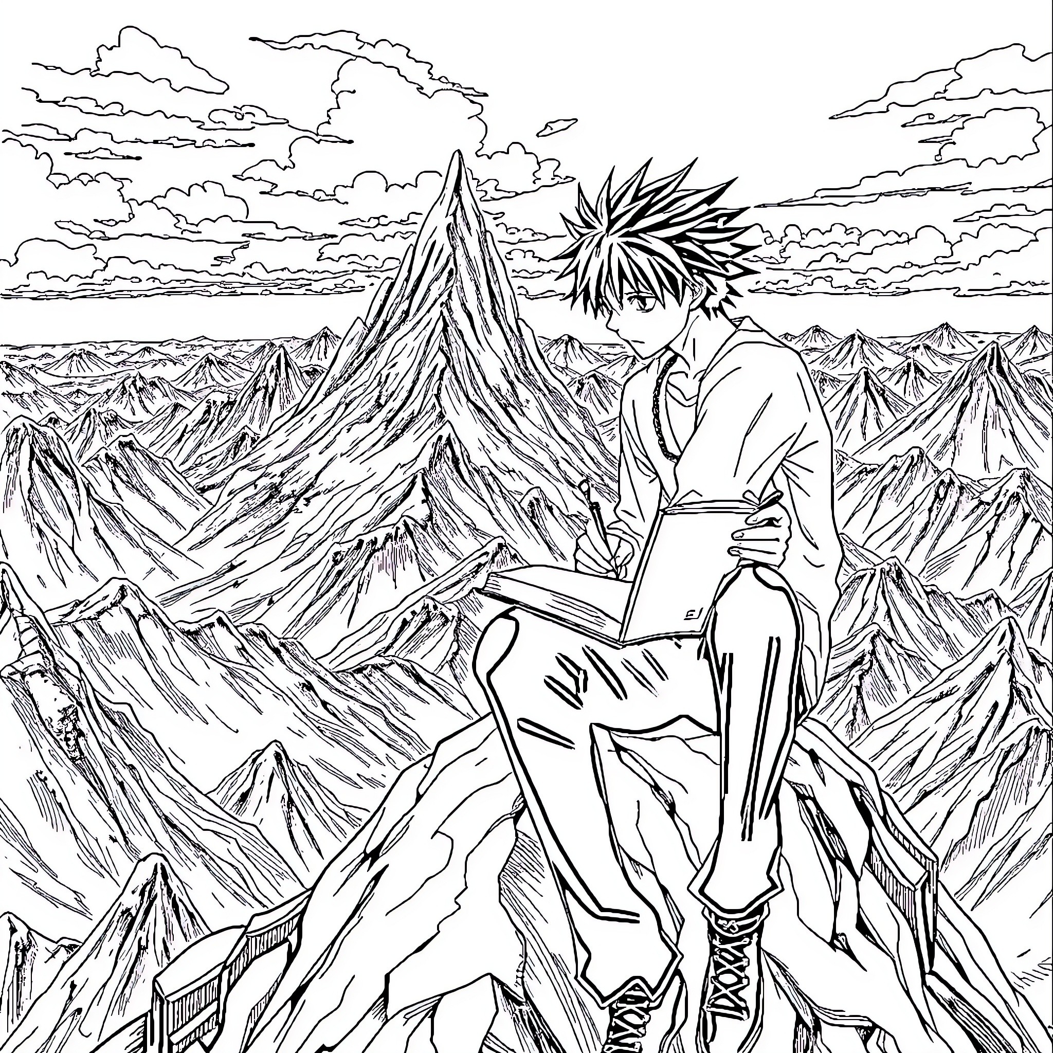 Light Yagami's Solitary Contemplation in the Mountains Coloring Page (free black-and-white line drawing printable PDF for all, from beginners to advanced learners, including children, teens, adults, and seniors)