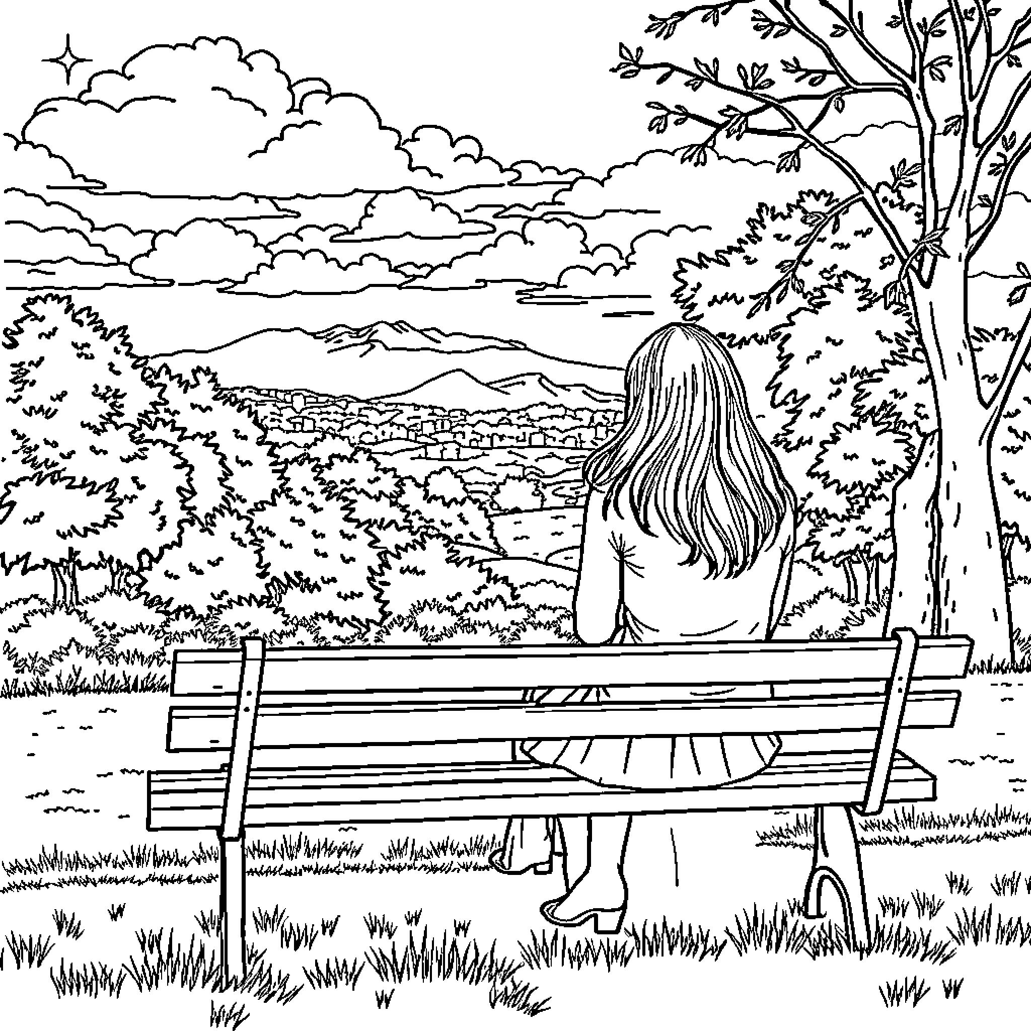 Woman sitting on a bench admiring the scenic landscape Coloring Page (free black-and-white line drawing printable PDF for all, from beginners to advanced learners, including children, teens, adults, and seniors)