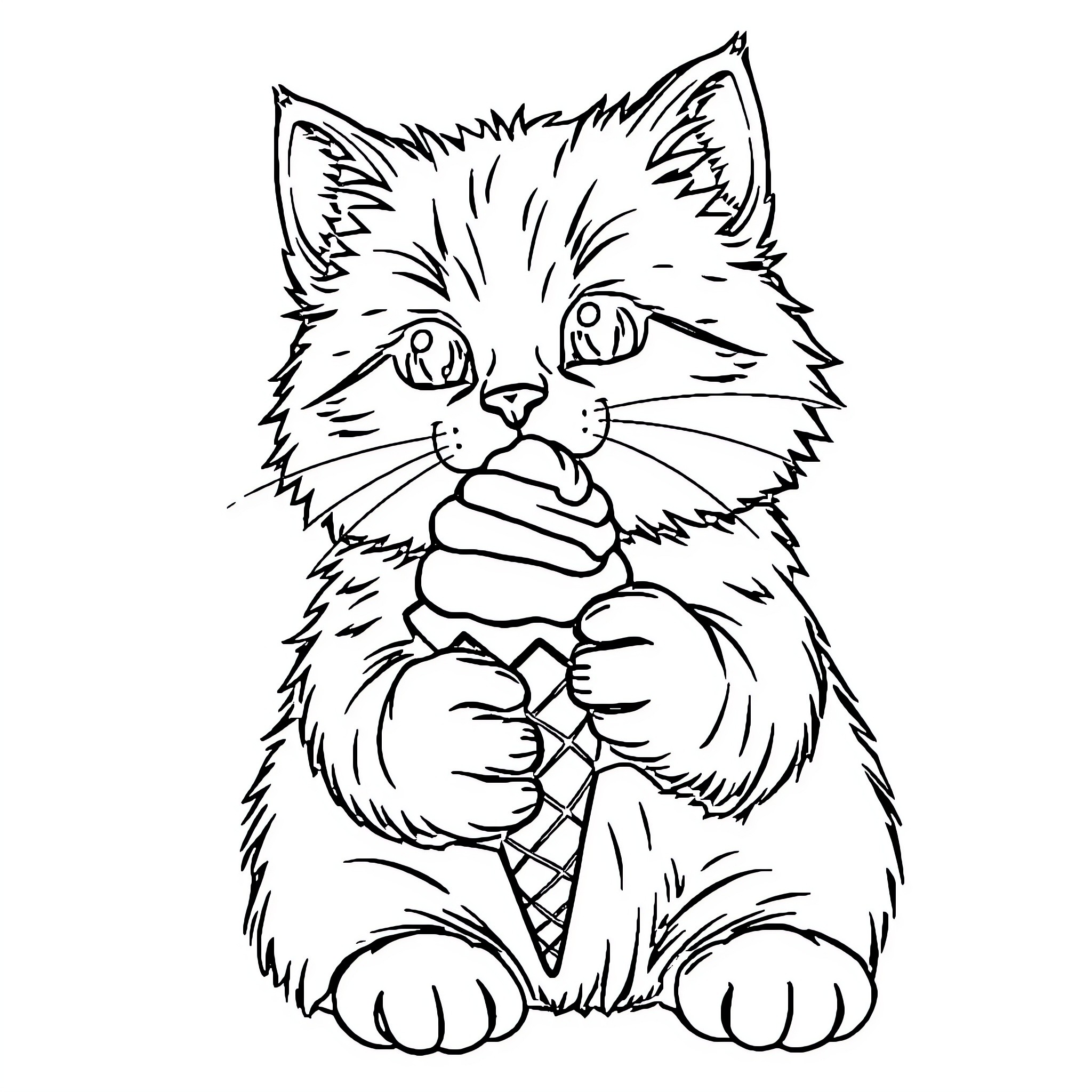 Cat enjoying an ice cream cone Coloring Page (free black-and-white line drawing printable PDF for all, from beginners to advanced learners, including children, teens, adults, and seniors)