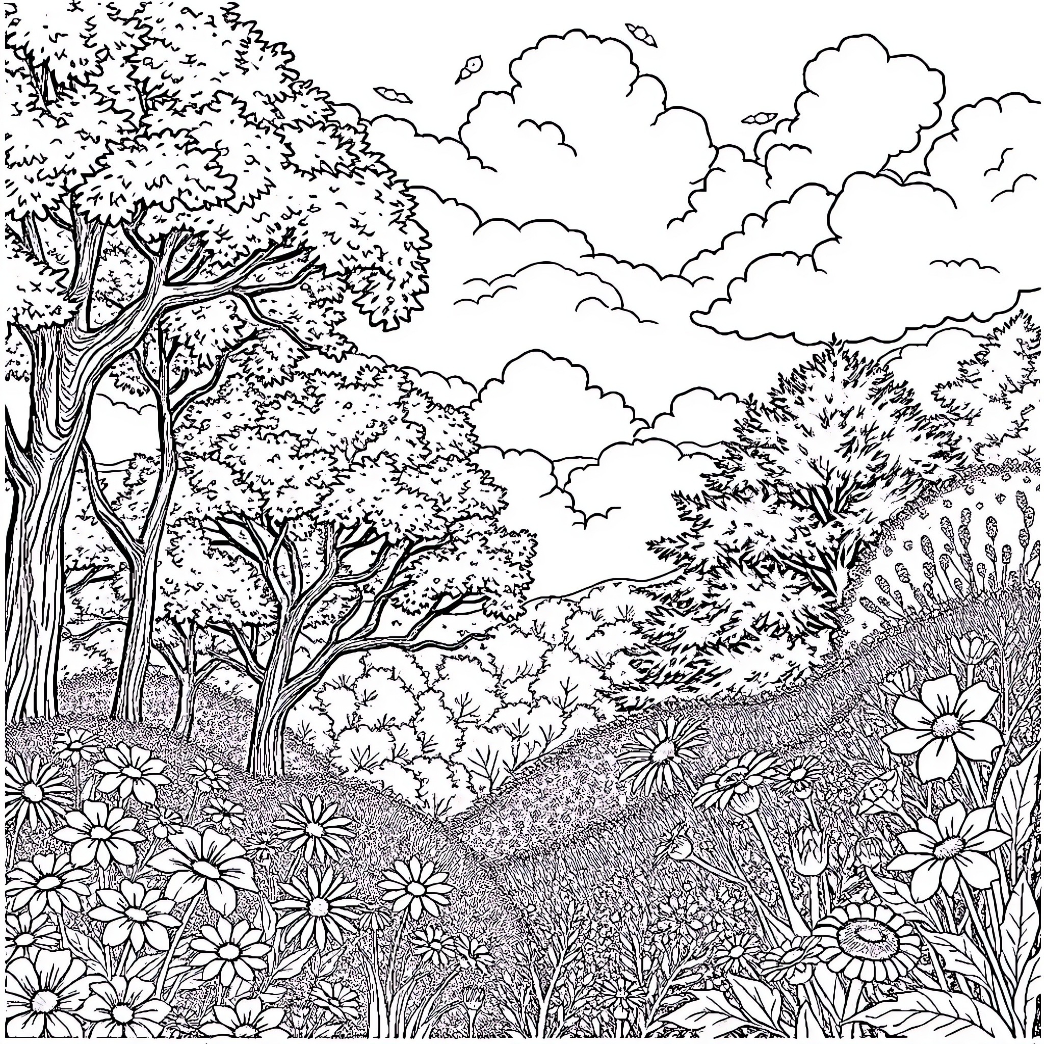 Nature's Flourishing Landscape Coloring Page (free black-and-white line drawing printable PDF for all, from beginners to advanced learners, including children, teens, adults, and seniors)