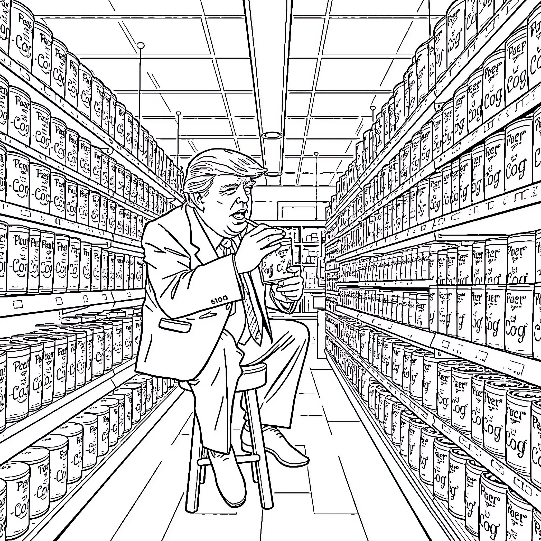 Trump browsing through shelves in a store Coloring Page (free black-and-white line drawing printable PDF for all, from beginners to advanced learners, including children, teens, adults, and seniors)