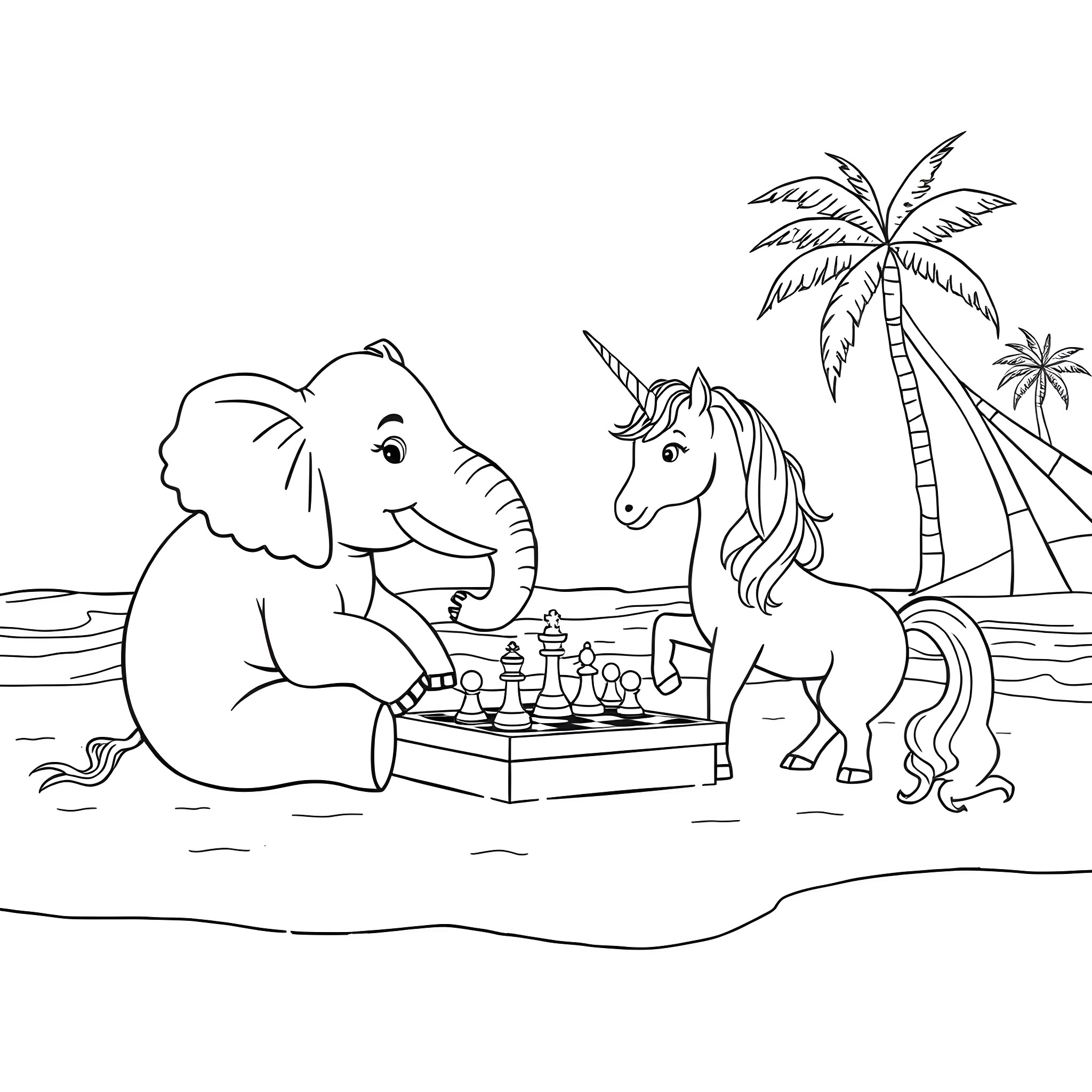Elephant and unicorn playing chess on the beach Coloring Page (free black-and-white line drawing printable PDF for all, from beginners to advanced learners, including children, teens, adults, and seniors)