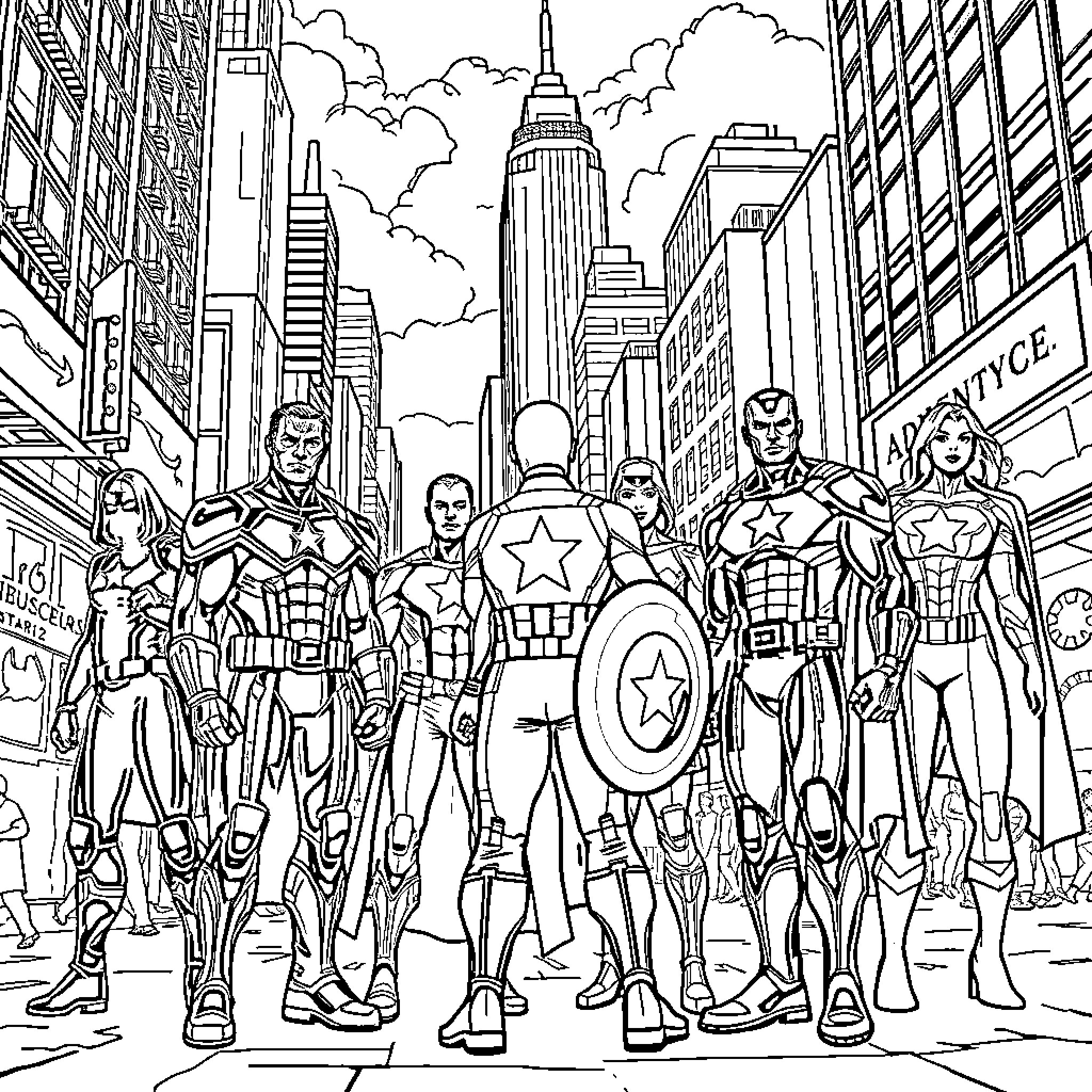 Avenger heroes in action-packed urban scene Coloring Page (free black-and-white line drawing printable PDF for all, from beginners to advanced learners, including children, teens, adults, and seniors)