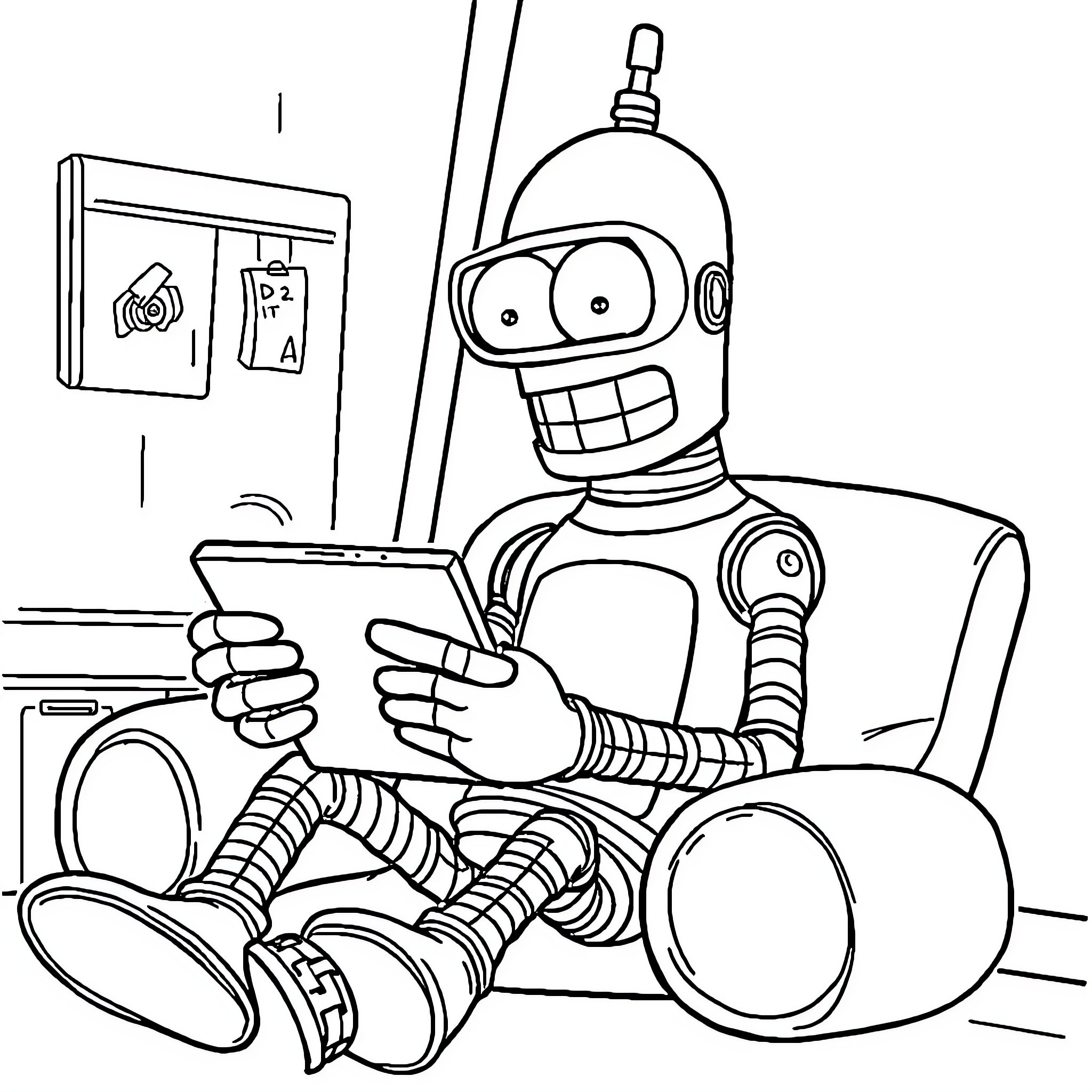 Bender enjoying video games in his home Coloring Page (free black-and-white line drawing printable PDF for all, from beginners to advanced learners, including children, teens, adults, and seniors)