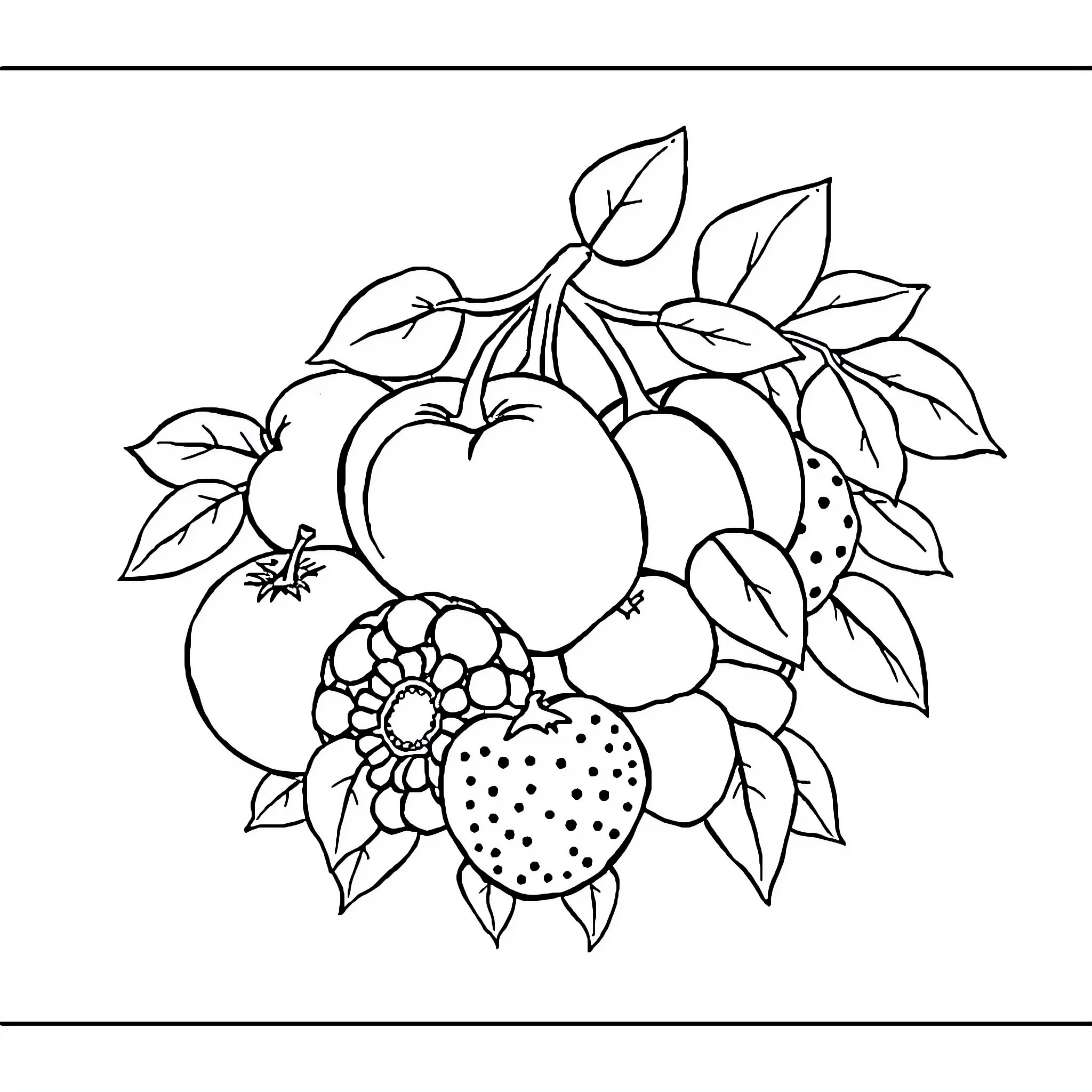 Fruit bouquet with flowers and leaves Coloring Page (free black-and-white line drawing printable PDF for all, from beginners to advanced learners, including children, teens, adults, and seniors)