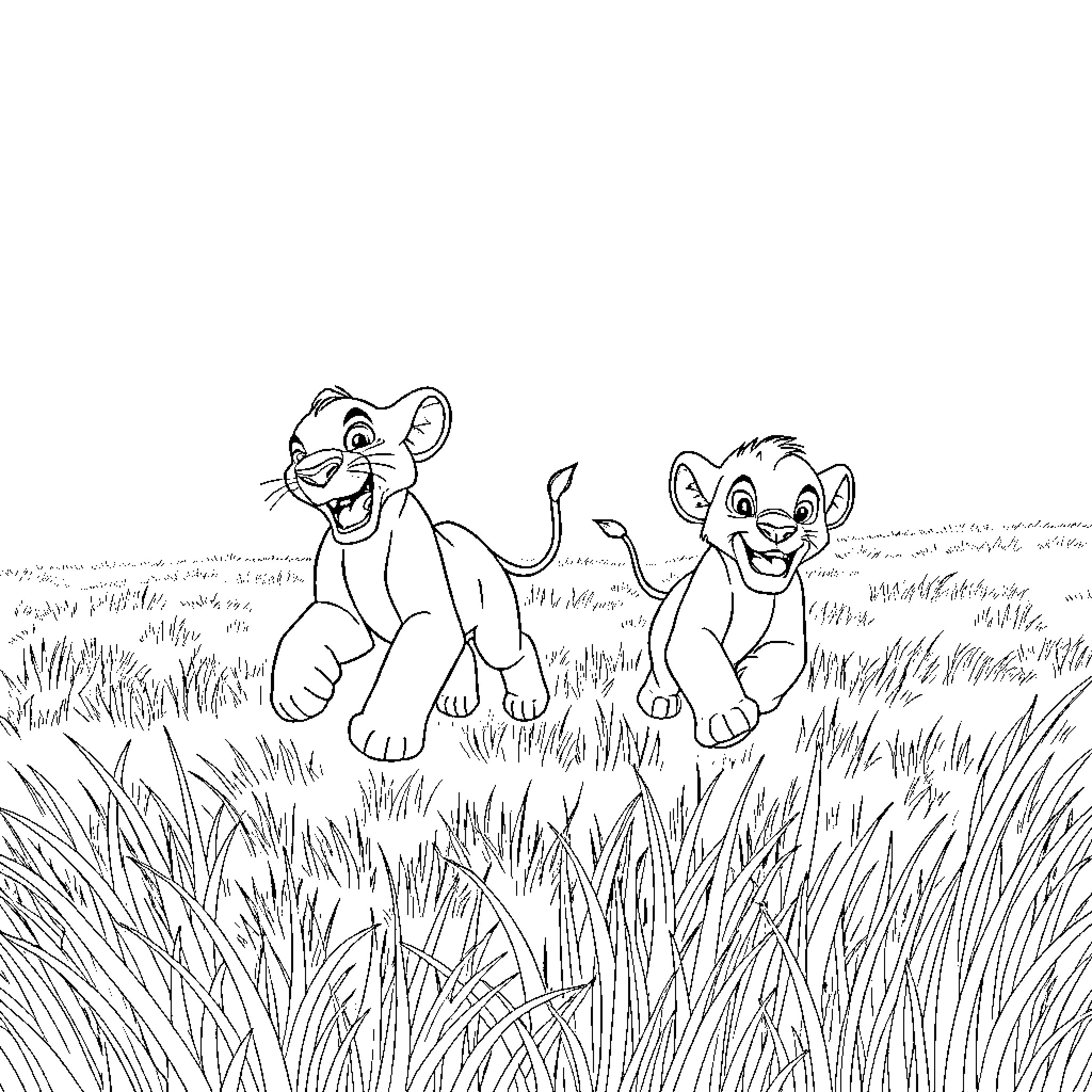 Lion cubs playing joyfully in the tall grass Coloring Page (free black-and-white line drawing printable PDF for all, from beginners to advanced learners, including children, teens, adults, and seniors)