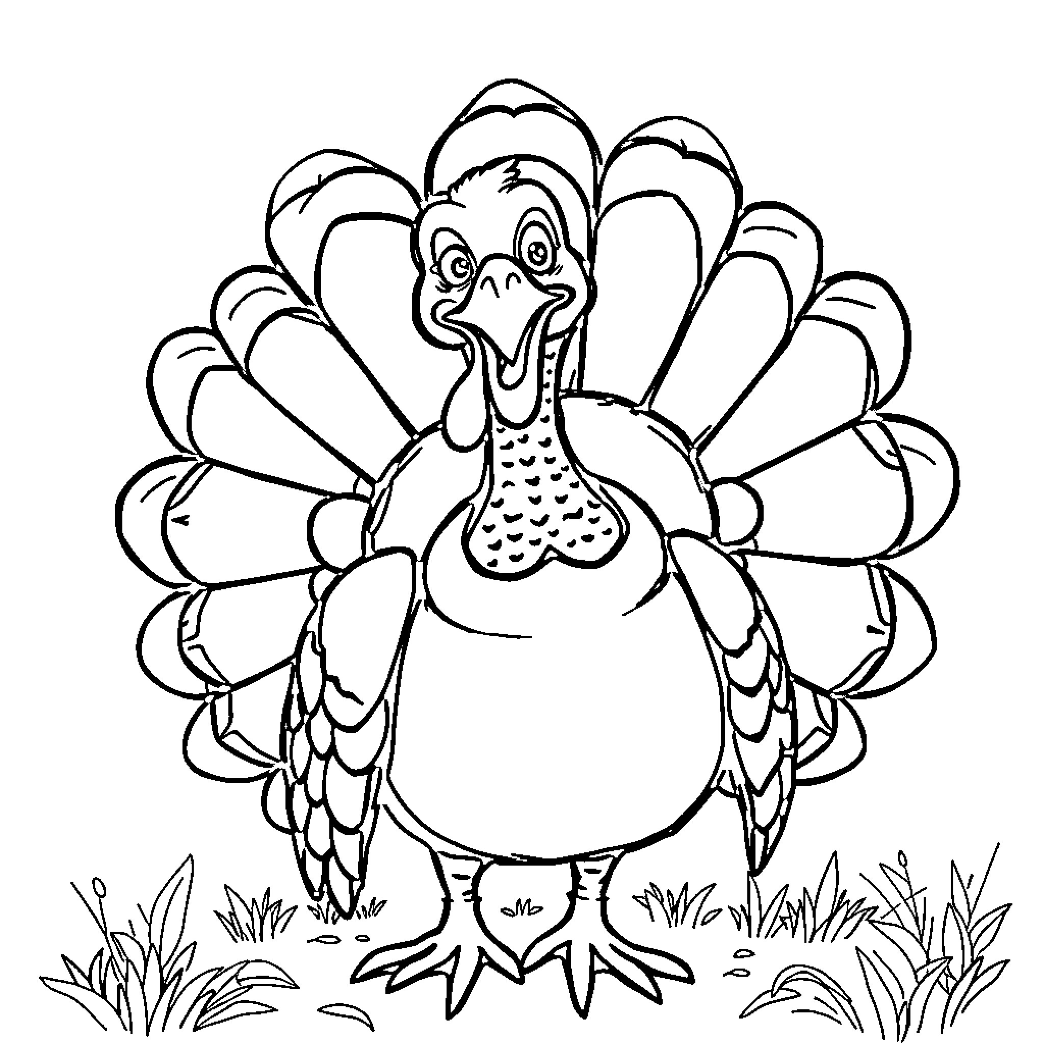 Turkey displaying its feathers proudly in the field Coloring Page (free black-and-white line drawing printable PDF for all, from beginners to advanced learners, including children, teens, adults, and seniors)