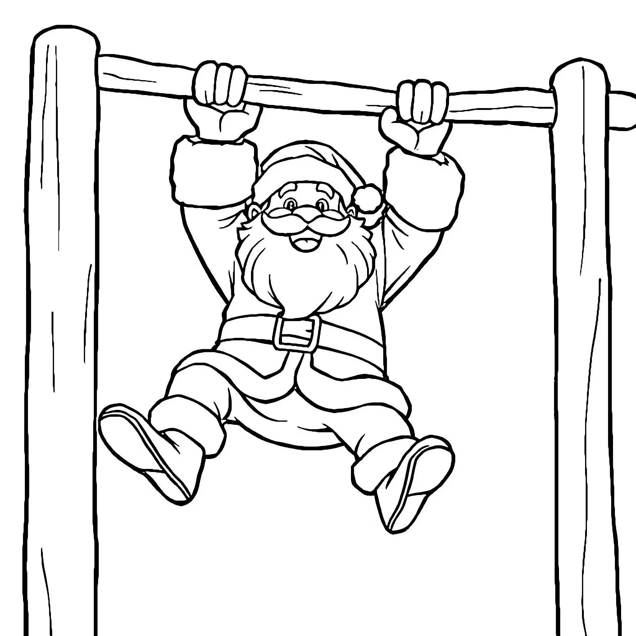 Santa swinging playfully on a bar Coloring Page (free black-and-white line drawing printable PDF for all, from beginners to advanced learners, including children, teens, adults, and seniors)
