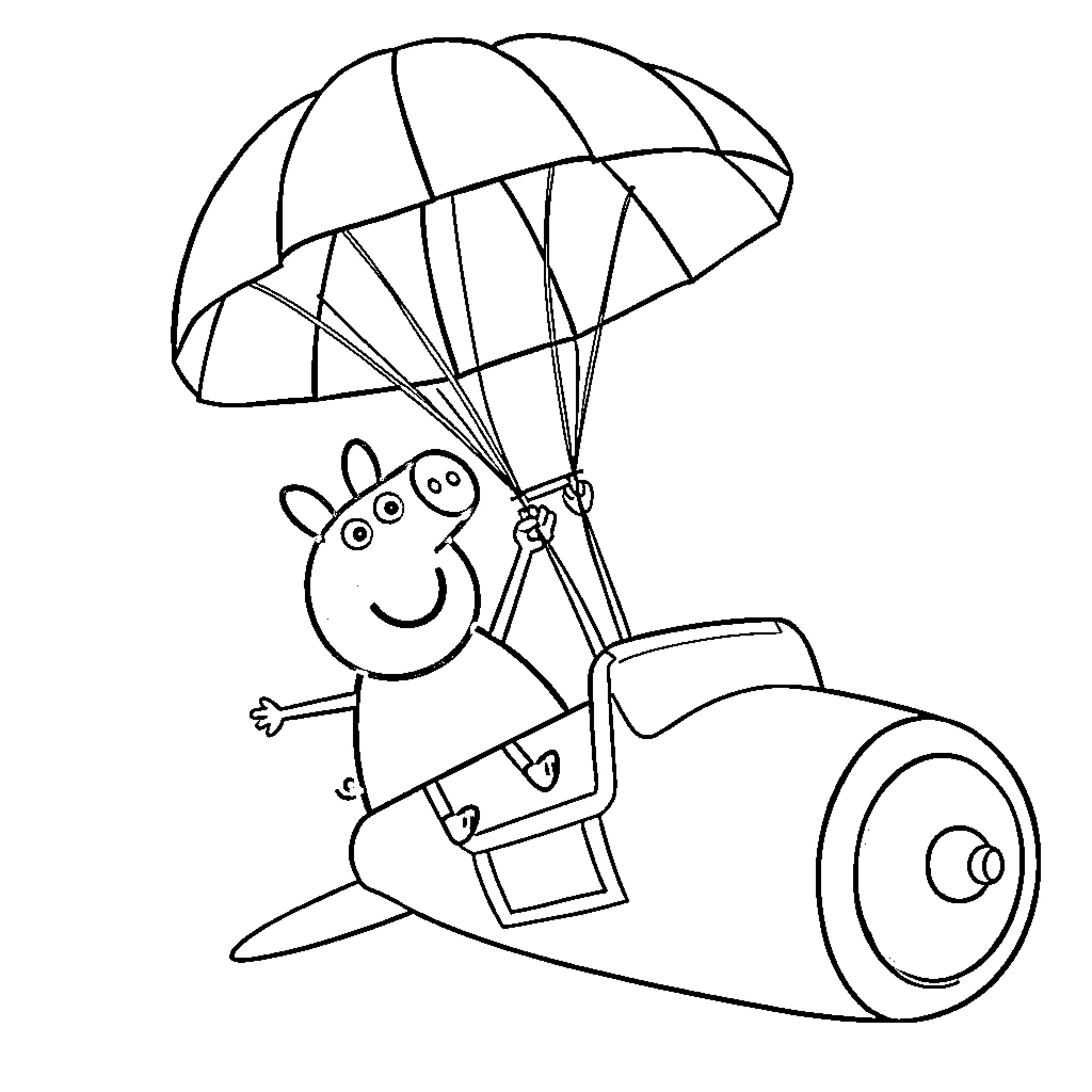 Peppa Pig parachuting with a cannon Coloring Page (free black-and-white line drawing printable PDF for all, from beginners to advanced learners, including children, teens, adults, and seniors)