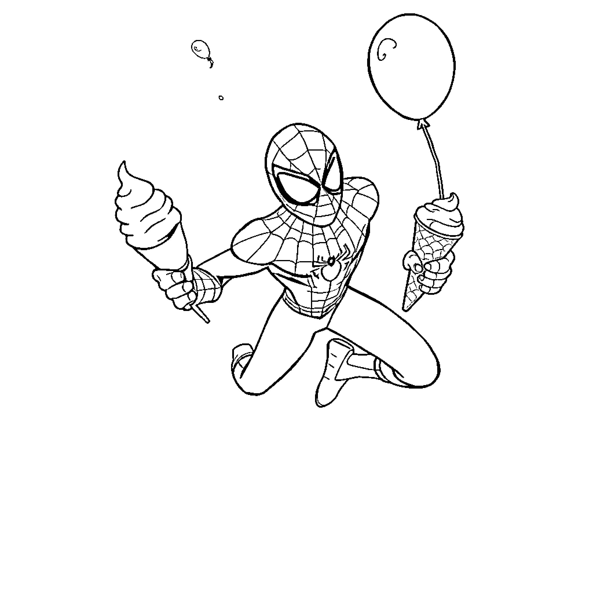Spiderman holding an ice cream and a balloon Coloring Page (free black-and-white line drawing printable PDF for all, from beginners to advanced learners, including children, teens, adults, and seniors)