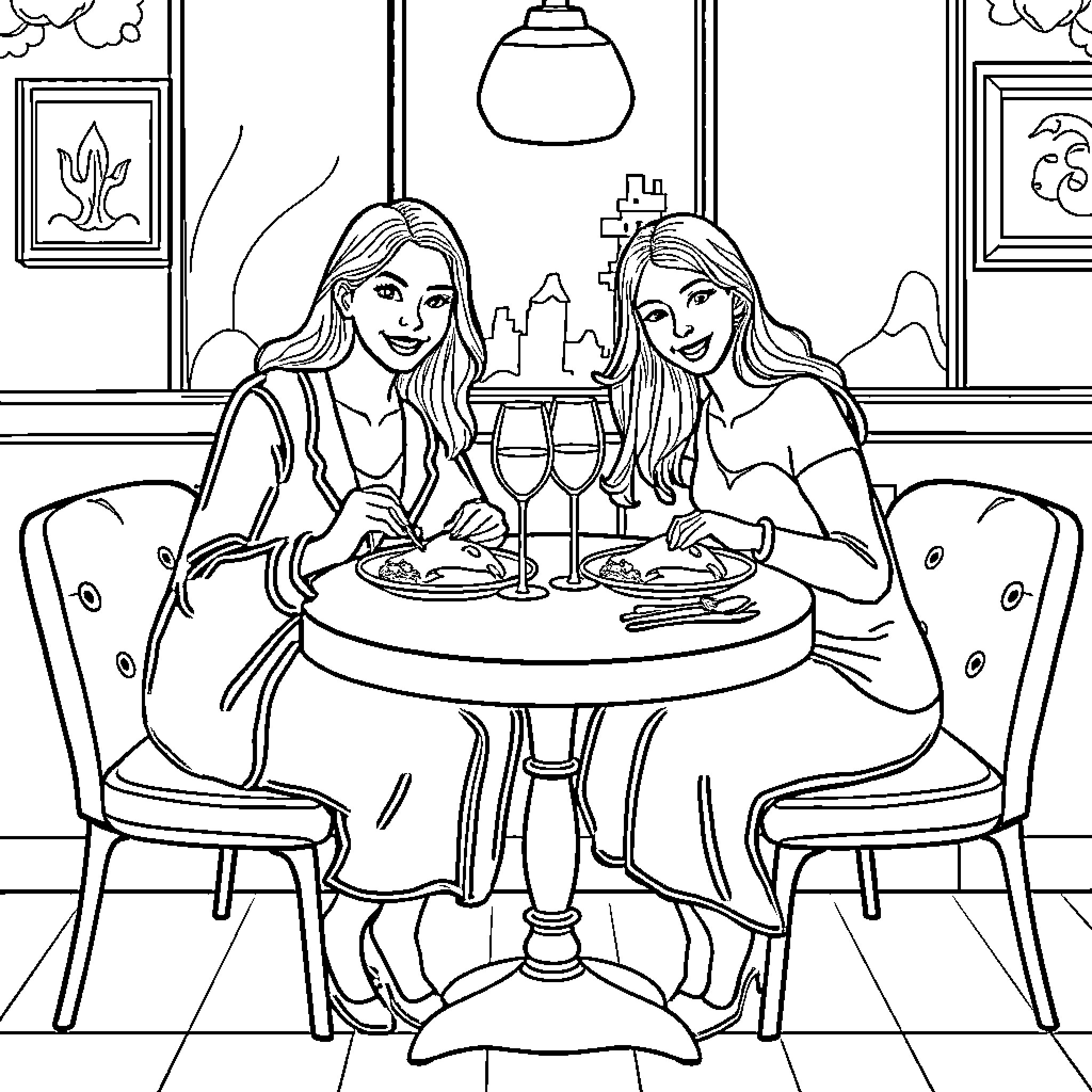 Dolphin Friends Dining Together Coloring Page (free black-and-white line drawing printable PDF for all, from beginners to advanced learners, including children, teens, adults, and seniors)