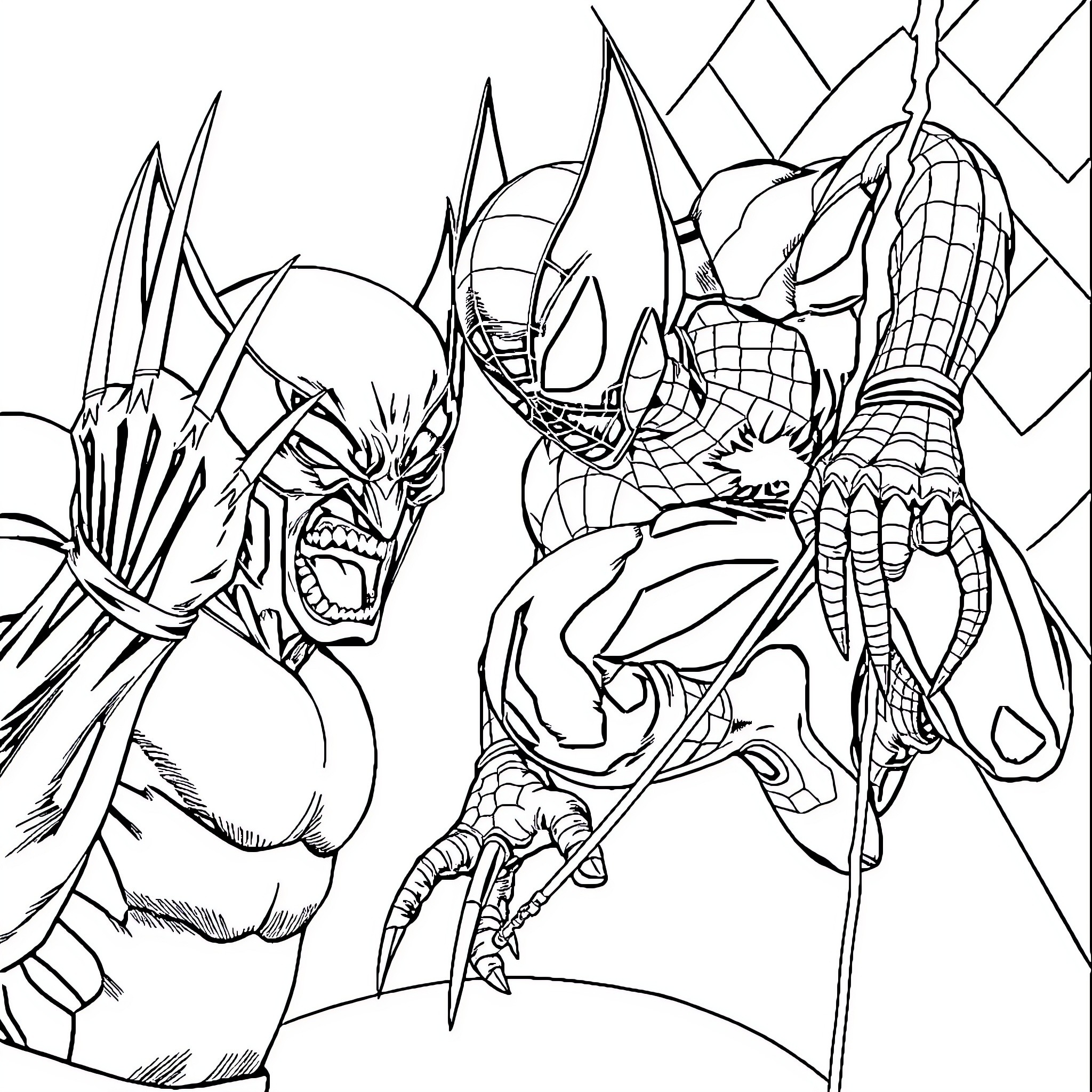 Wolverine Clawing Ferociously at Spider-Man Coloring Page (free black-and-white line drawing printable PDF for all, from beginners to advanced learners, including children, teens, adults, and seniors)