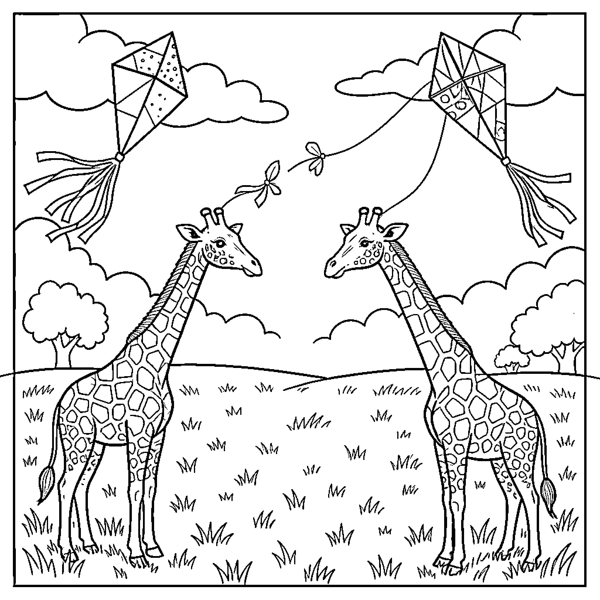 Giraffe enjoying a sunny day in the savanna Coloring Page (free black-and-white line drawing printable PDF for all, from beginners to advanced learners, including children, teens, adults, and seniors)