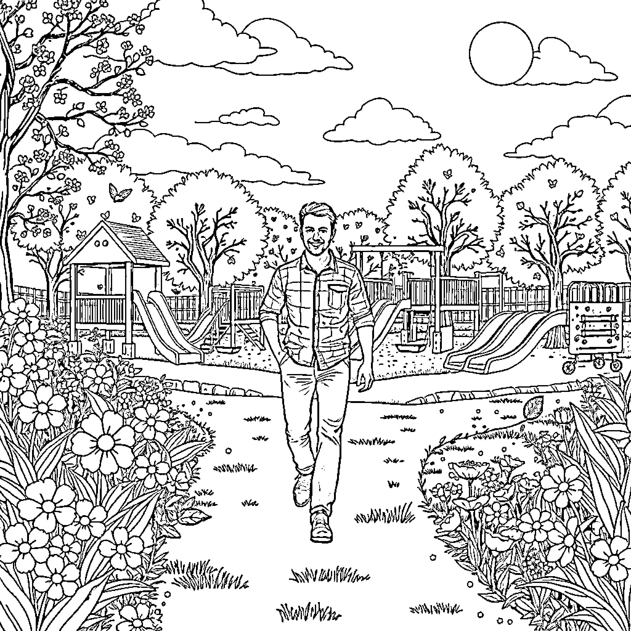 Man strolling through a whimsical garden landscape Coloring Page (free black-and-white line drawing printable PDF for all, from beginners to advanced learners, including children, teens, adults, and seniors)