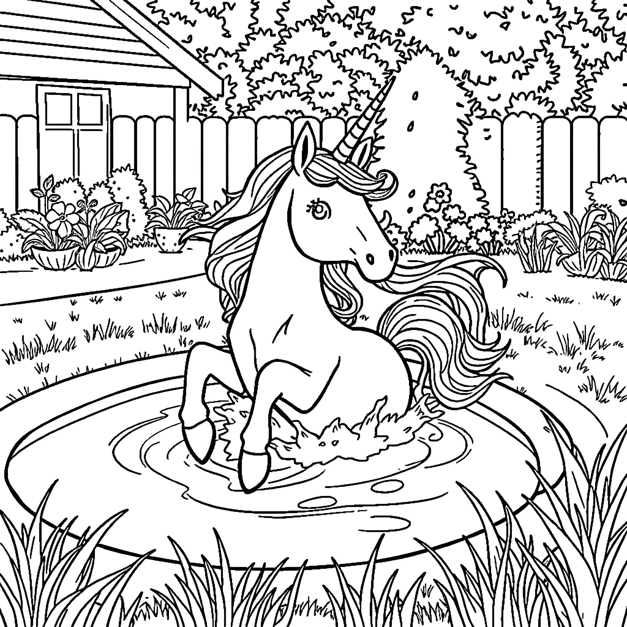 Unicorn frolicking in a garden pond Coloring Page (free black-and-white line drawing printable PDF for all, from beginners to advanced learners, including children, teens, adults, and seniors)
