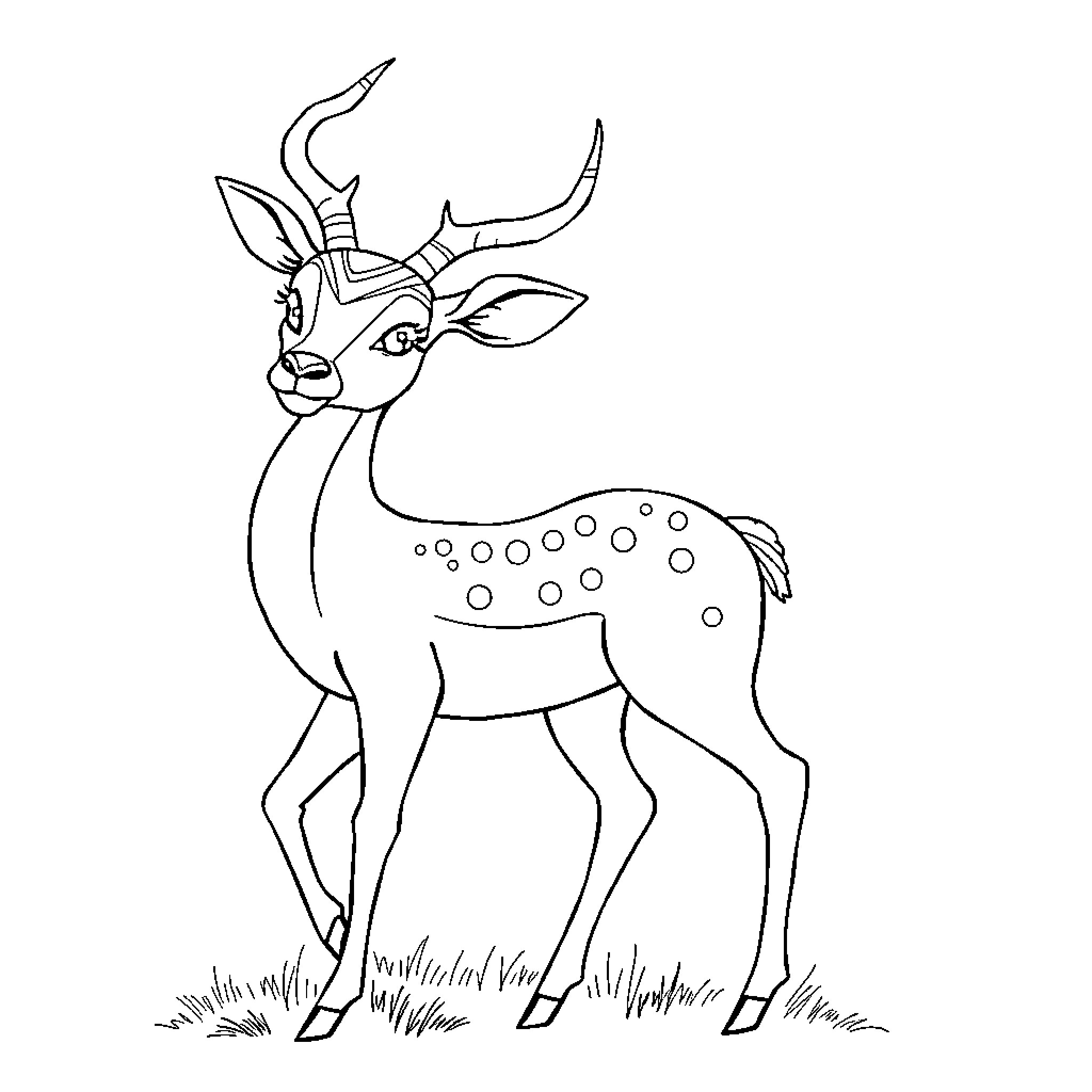Impala standing in the wild Coloring Page (free black-and-white line drawing printable PDF for all, from beginners to advanced learners, including children, teens, adults, and seniors)