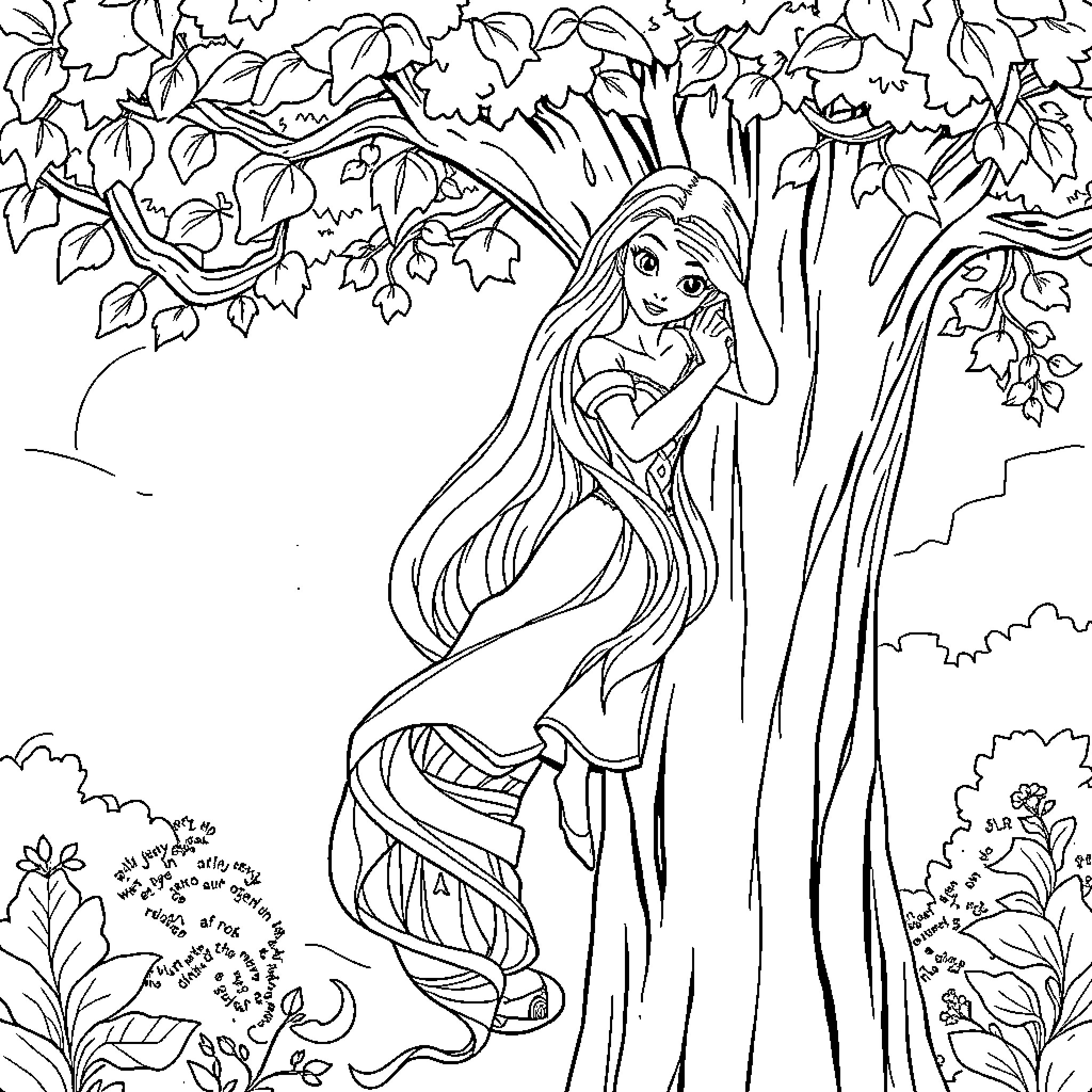 Rapunzel enjoying nature's beauty in the forest Coloring Page (free black-and-white line drawing printable PDF for all, from beginners to advanced learners, including children, teens, adults, and seniors)