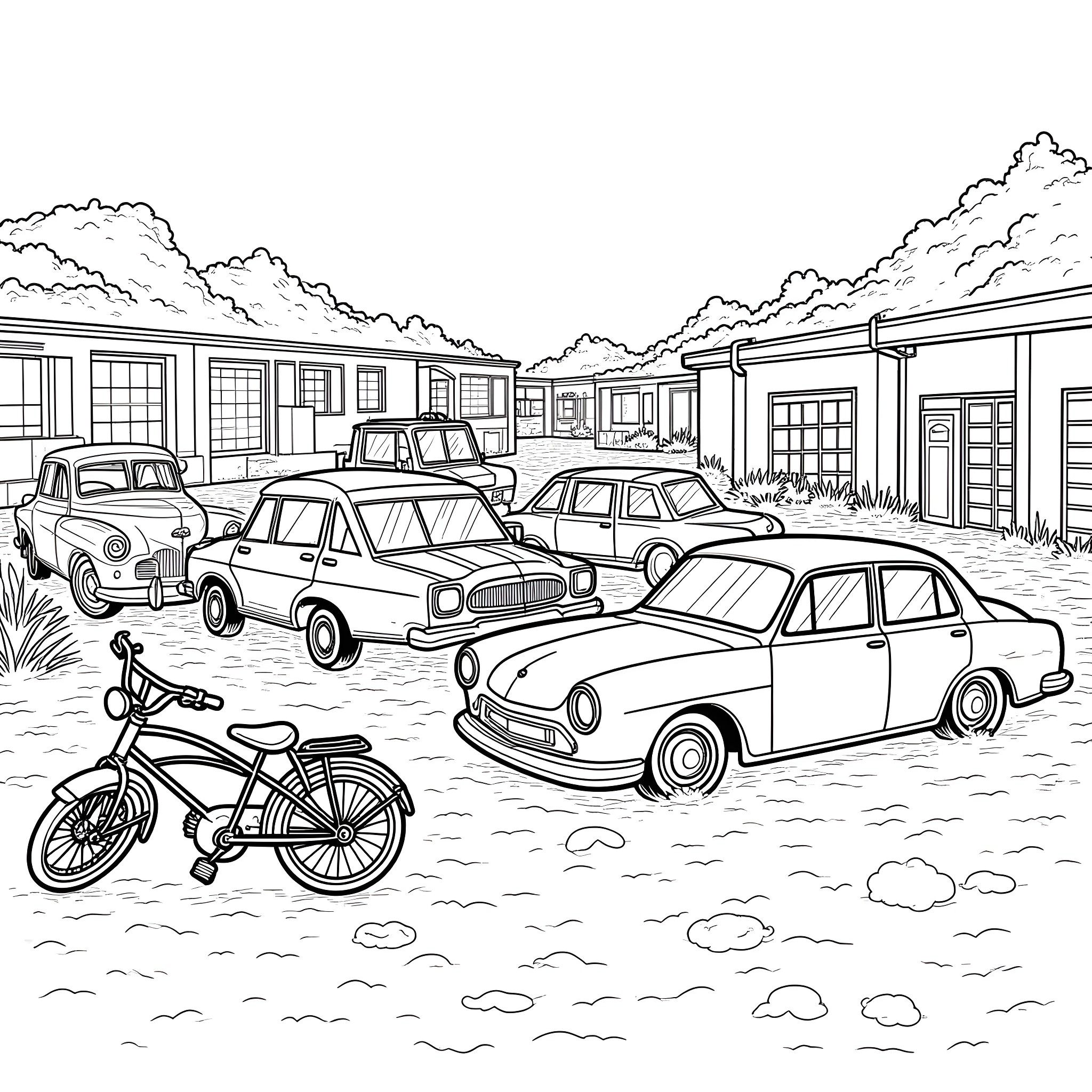Junkyard full of vintage cars and a bicycle Coloring Page (free black-and-white line drawing printable PDF for all, from beginners to advanced learners, including children, teens, adults, and seniors)