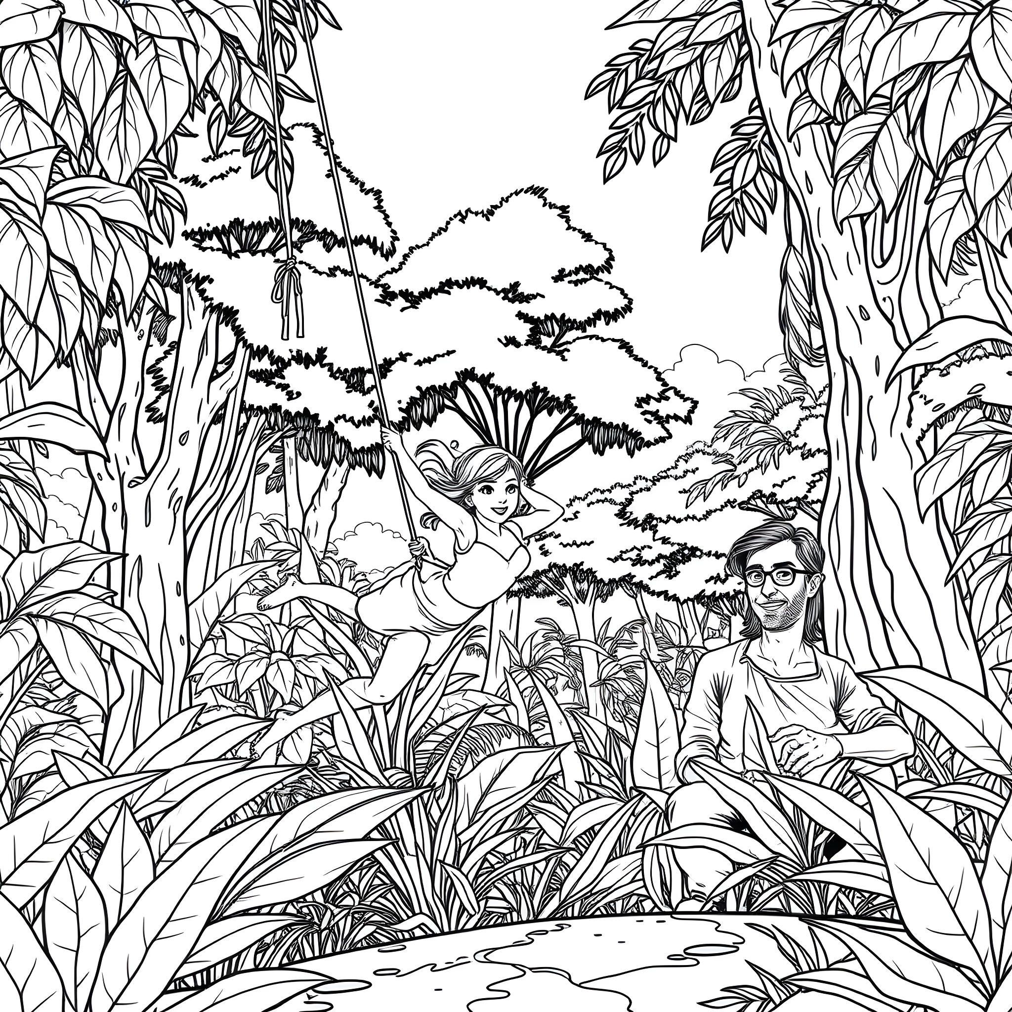 Jane exploring the lush jungle with a friend Coloring Page (free black-and-white line drawing printable PDF for all, from beginners to advanced learners, including children, teens, adults, and seniors)
