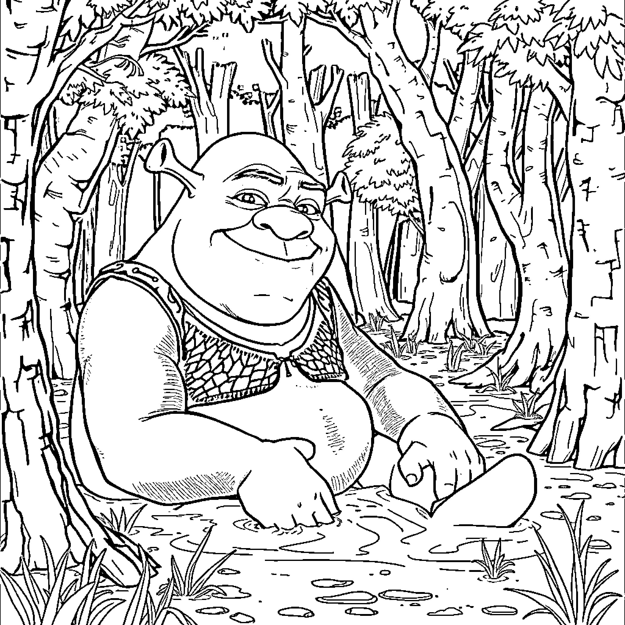 Shrek relaxing in the enchanted forest Coloring Page (free black-and-white line drawing printable PDF for all, from beginners to advanced learners, including children, teens, adults, and seniors)