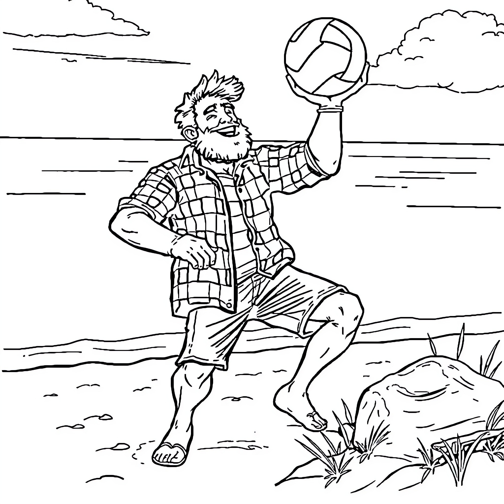 Lumberjack playing volleyball on the beach Coloring Page (free black-and-white line drawing printable PDF for all, from beginners to advanced learners, including children, teens, adults, and seniors)