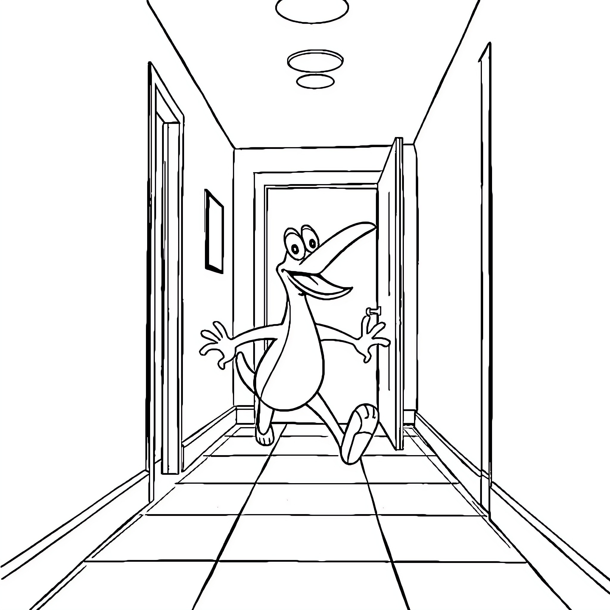 Perry the Platypus exploring a mysterious hallway Coloring Page (free black-and-white line drawing printable PDF for all, from beginners to advanced learners, including children, teens, adults, and seniors)