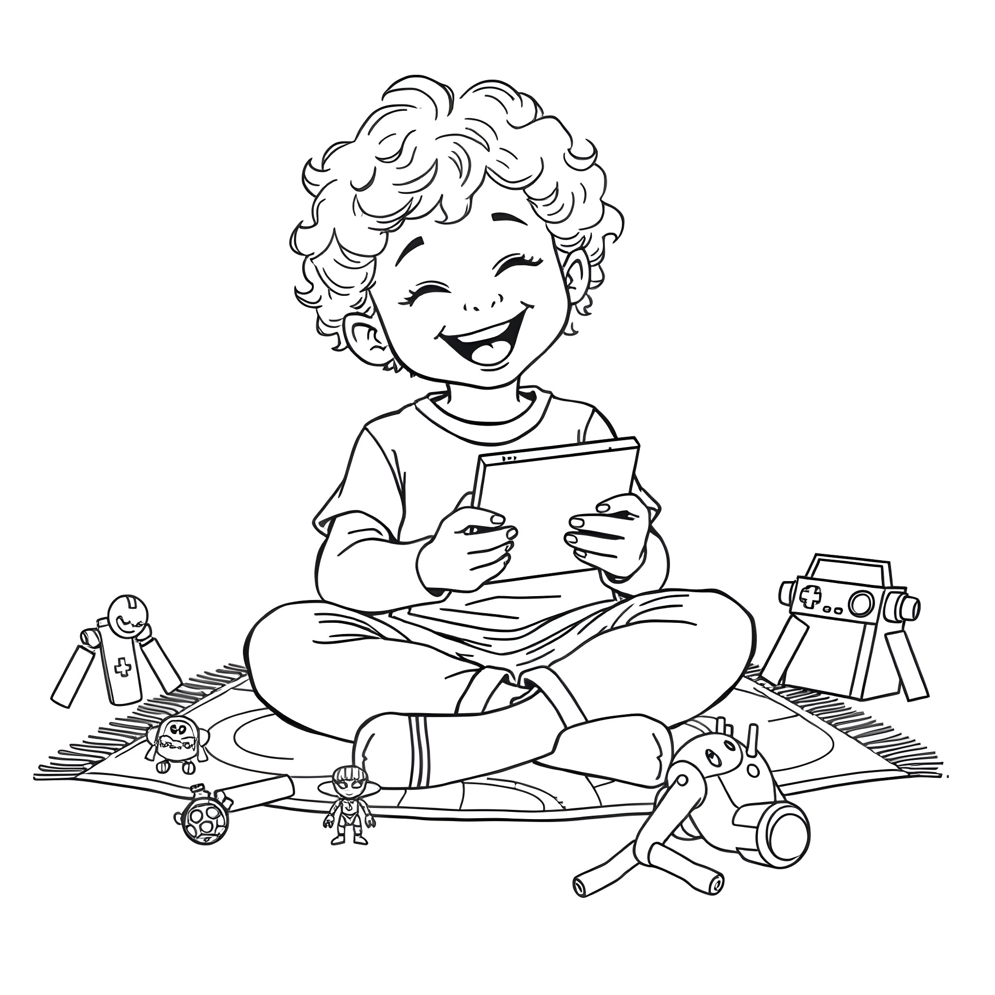 Child playing joyfully with toys and gadgets Coloring Page (free black-and-white line drawing printable PDF for all, from beginners to advanced learners, including children, teens, adults, and seniors)