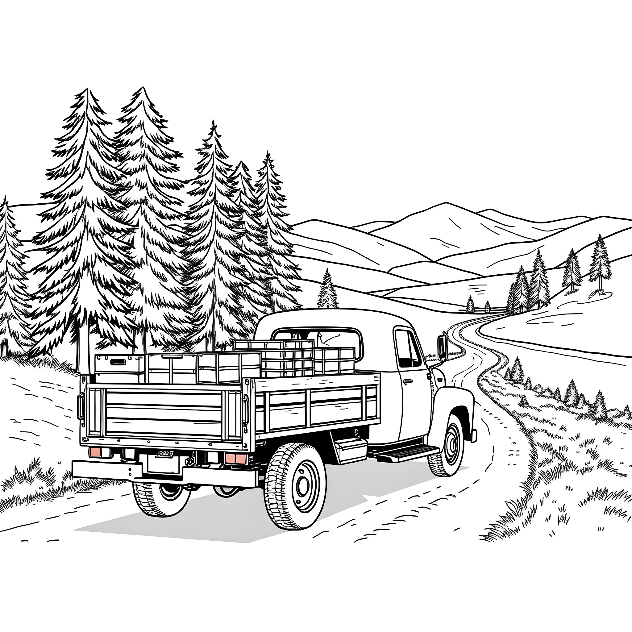 Flatbed Truck Traversing Winding Mountain Road Coloring Page (free black-and-white line drawing printable PDF for all, from beginners to advanced learners, including children, teens, adults, and seniors)