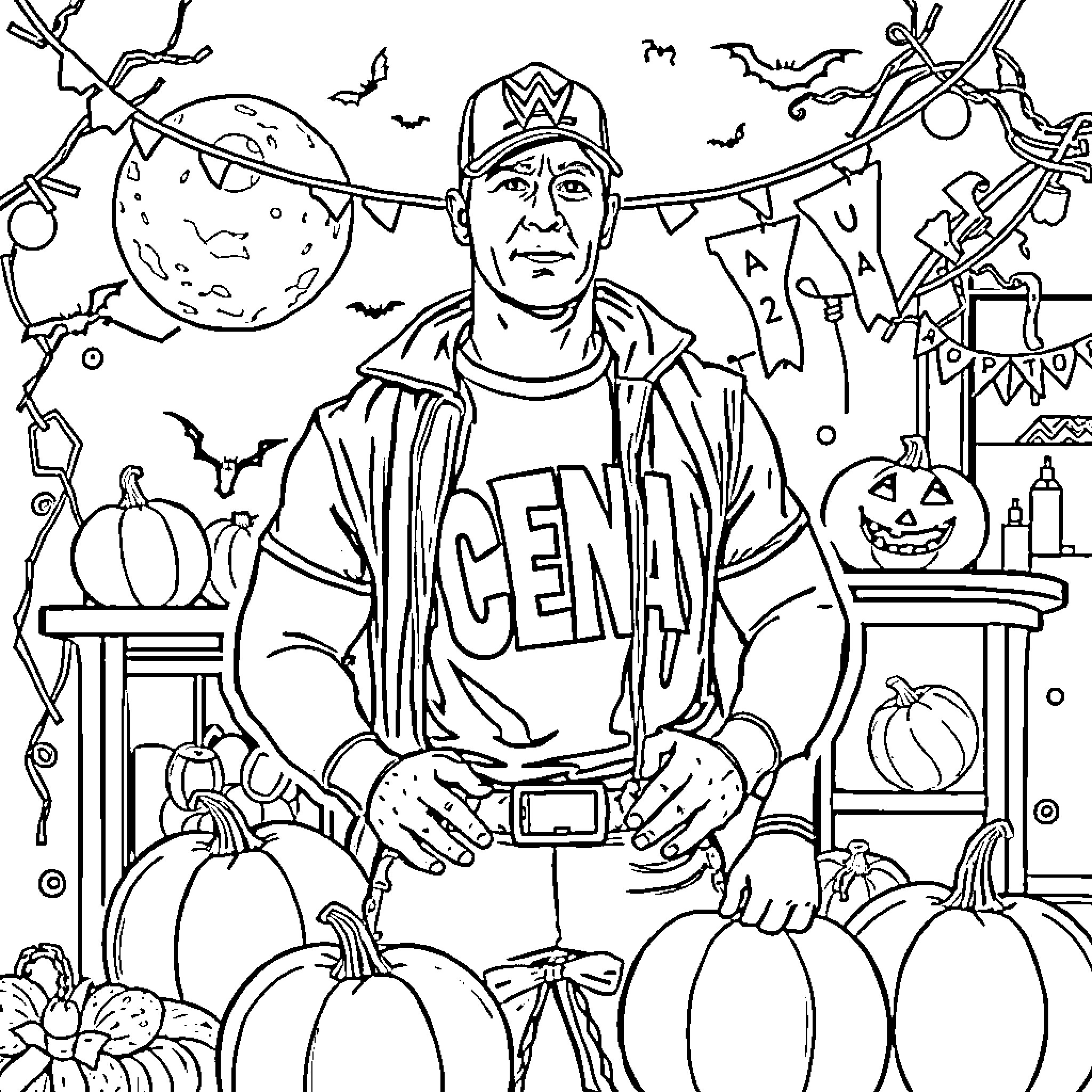 John Cena Celebrates Halloween with Pumpkins Coloring Page (free black-and-white line drawing printable PDF for all, from beginners to advanced learners, including children, teens, adults, and seniors)