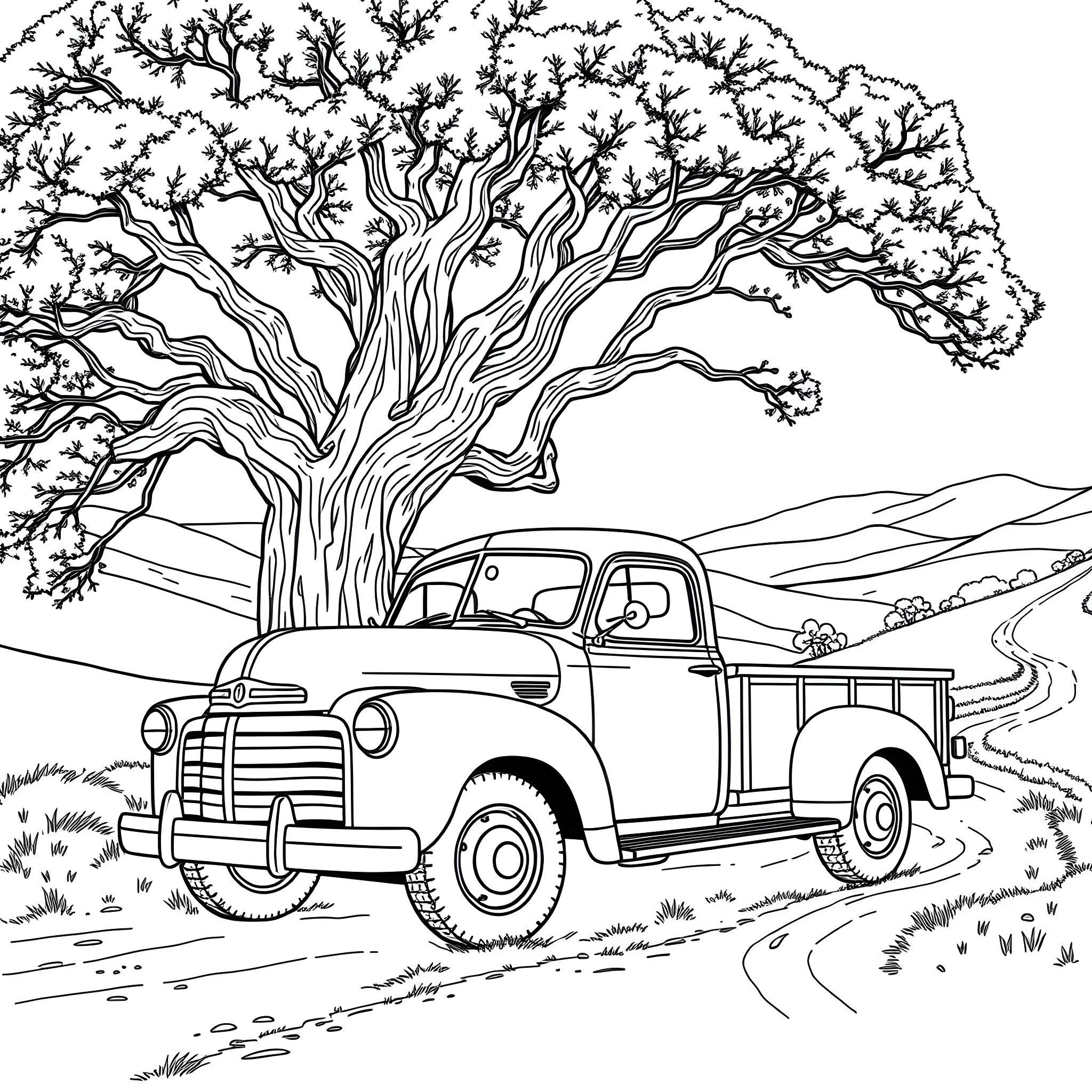 Truck parked under the old tree in countryside Coloring Page (free black-and-white line drawing printable PDF for all, from beginners to advanced learners, including children, teens, adults, and seniors)
