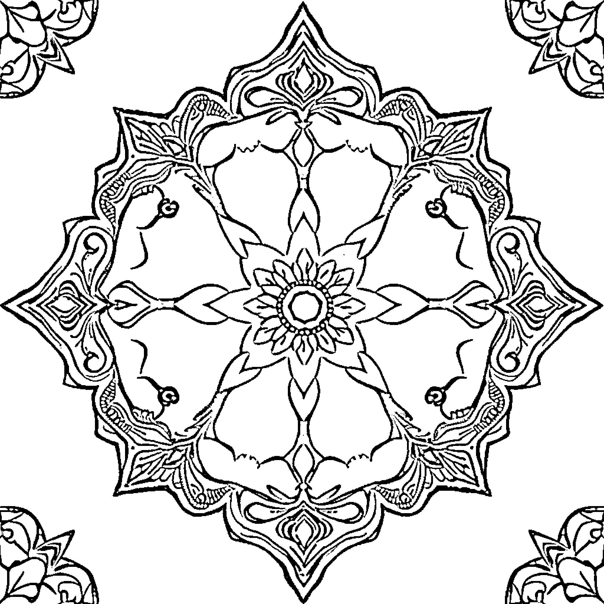 Madhubani Floral Pattern with Symmetrical Design Coloring Page (free black-and-white line drawing printable PDF for all, from beginners to advanced learners, including children, teens, adults, and seniors)