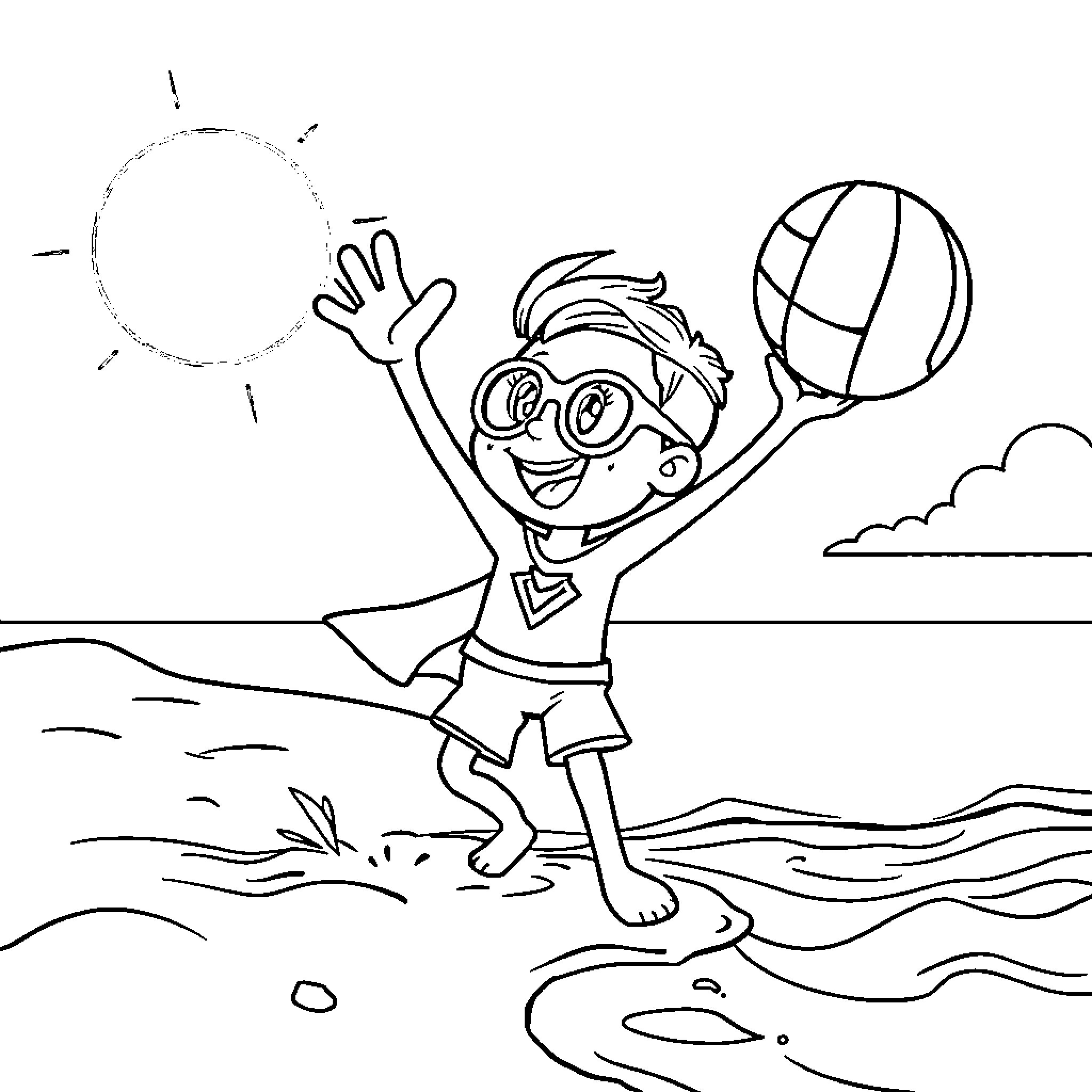 Superthings Boy Enjoying Beach with Ball and Sun Coloring Page (free black-and-white line drawing printable PDF for all, from beginners to advanced learners, including children, teens, adults, and seniors)
