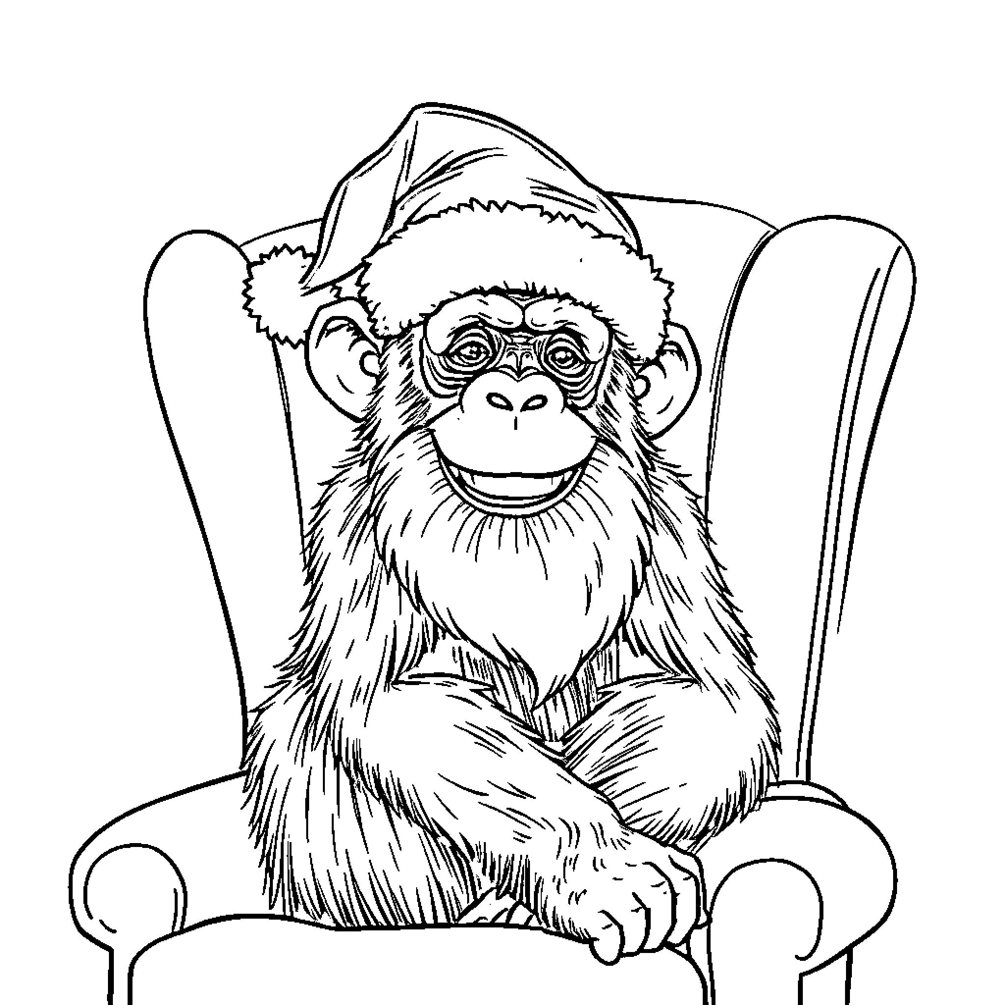 Chimpanzee wearing Santa hat and sitting on chair Coloring Page (free black-and-white line drawing printable PDF for all, from beginners to advanced learners, including children, teens, adults, and seniors)